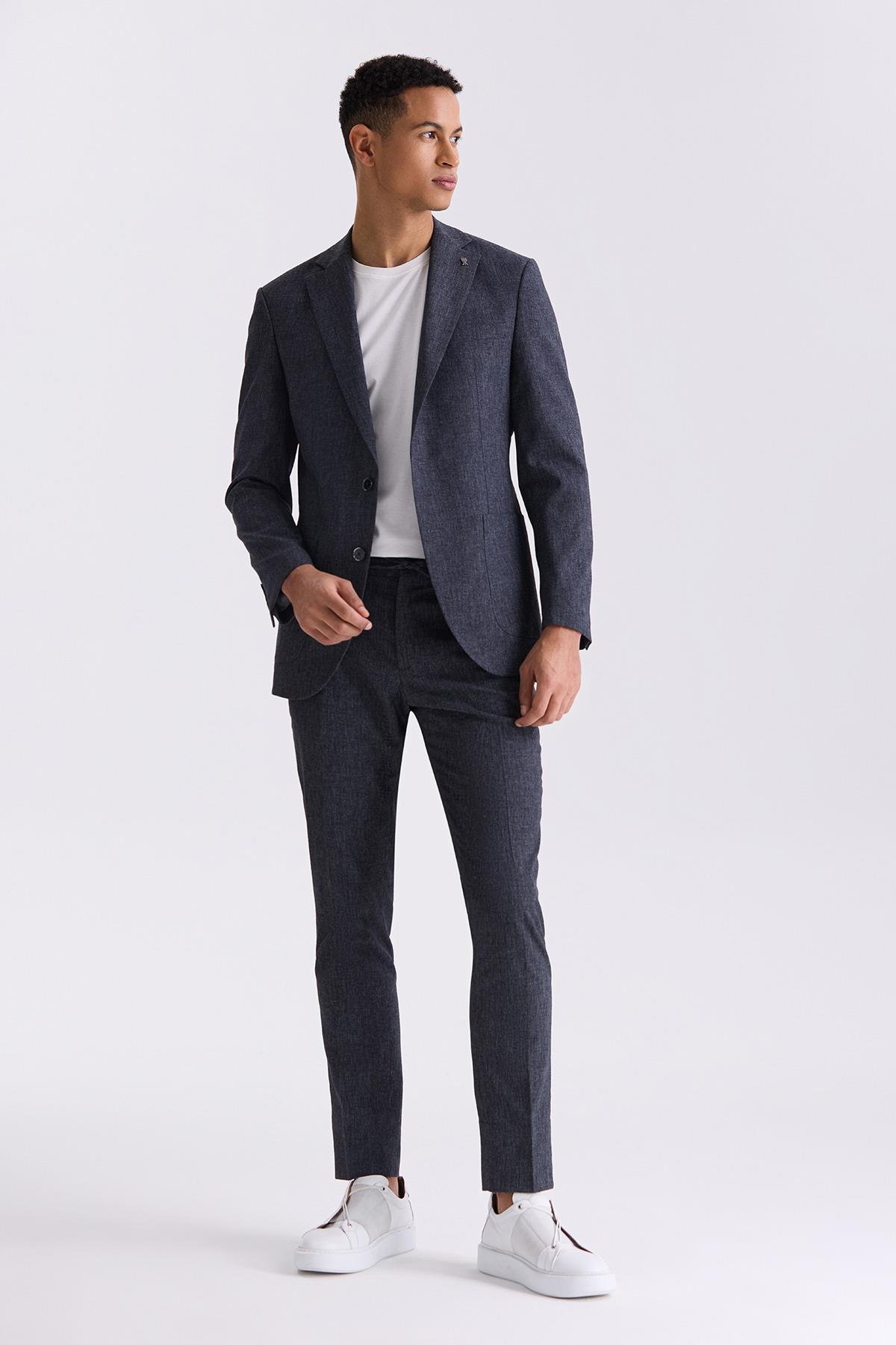 Koyu Lacivert Slim Fit Mono Yaka Keten Takım ElbiseSlim Fit Takım ElbiseJakamen