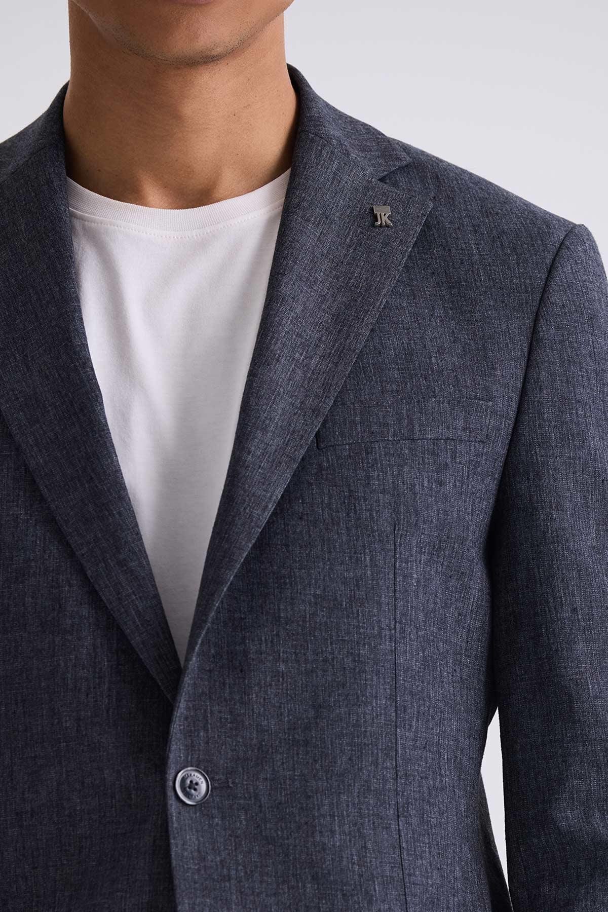Koyu Lacivert Slim Fit Mono Yaka Keten Takım ElbiseSlim Fit Takım ElbiseJakamen
