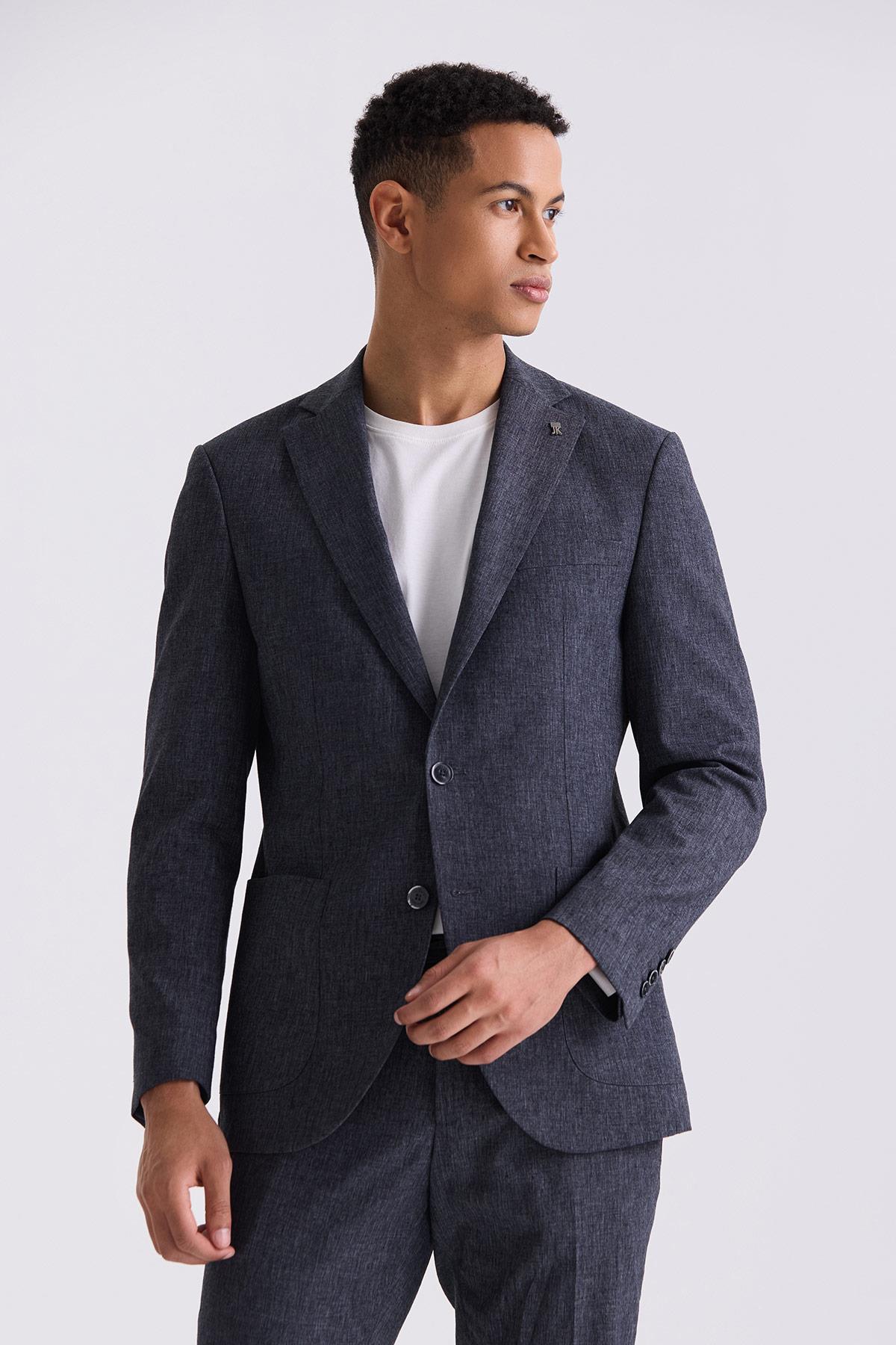 Koyu Lacivert Slim Fit Mono Yaka Keten Takım ElbiseSlim Fit Takım ElbiseJakamen
