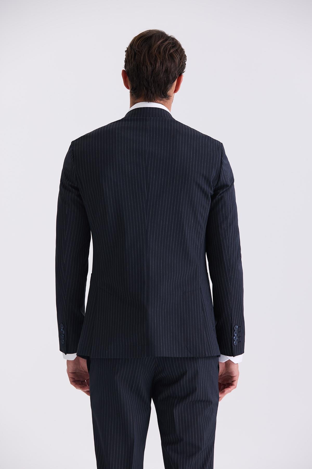 Lacivert Slim Fit Sivri Yaka Strech Çizgili Jogger Takım ElbiseSlim Fit Takım ElbiseJakamen