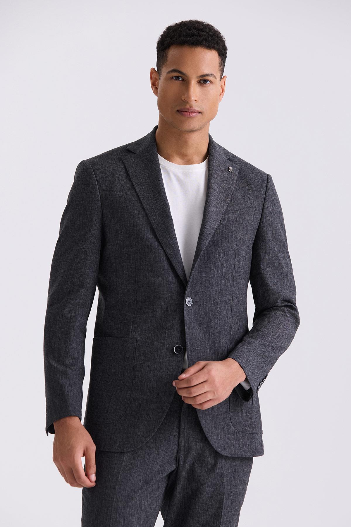 Siyah Slim Fit Mono Yaka Keten Takım ElbiseSlim Fit Takım ElbiseJakamen