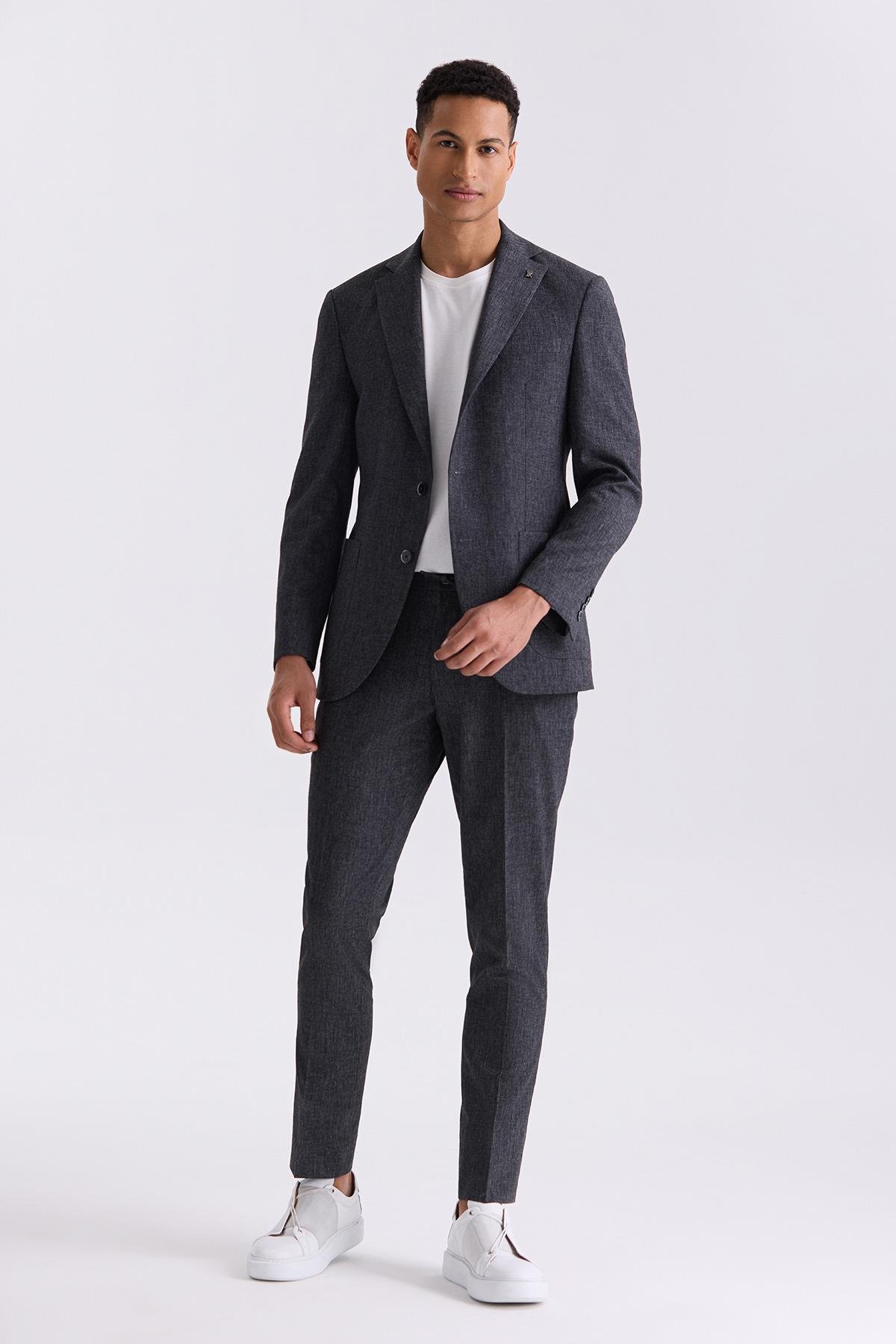 Siyah Slim Fit Mono Yaka Keten Takım ElbiseSlim Fit Takım ElbiseJakamen
