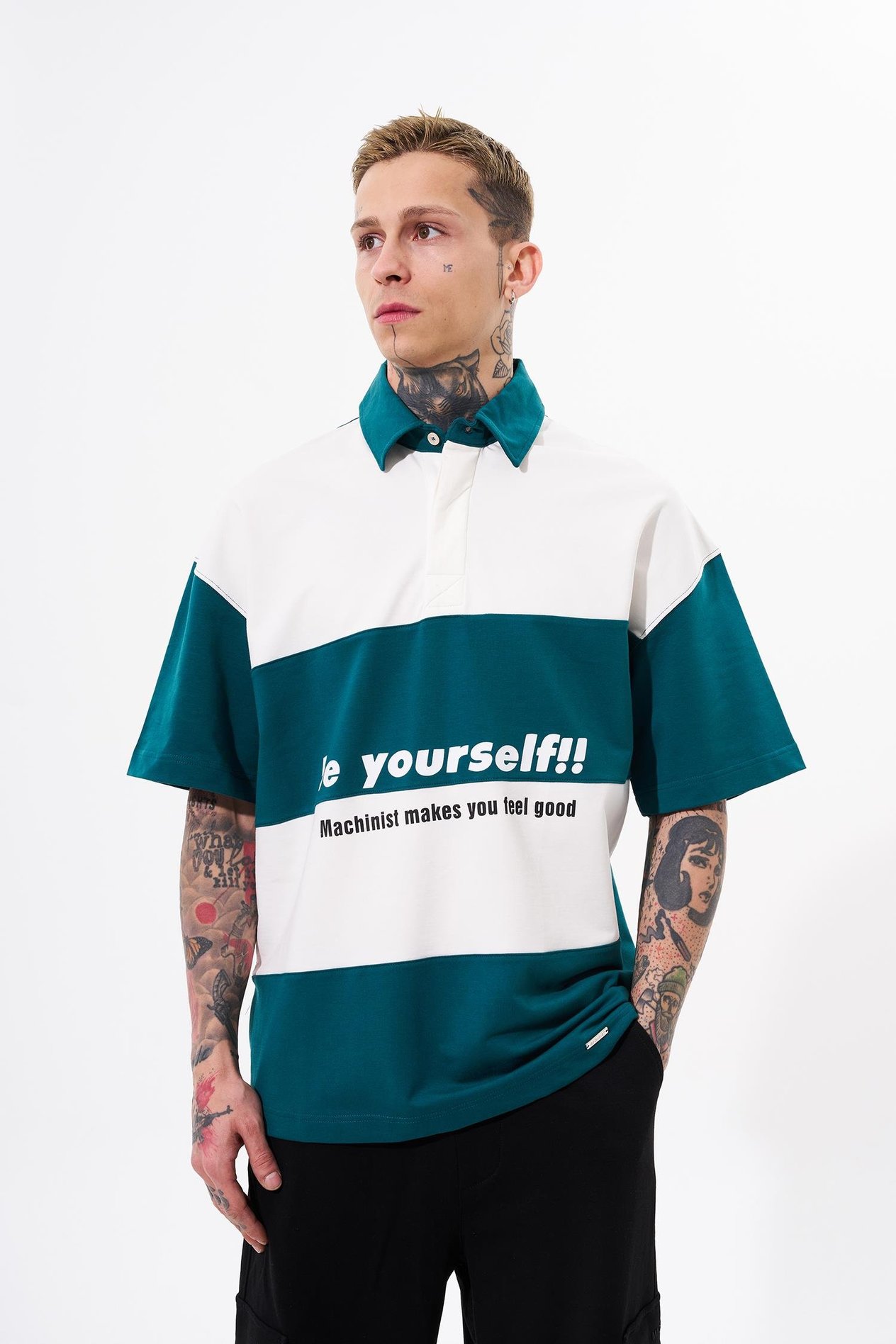 Erkek Be Yourself Polo Yaka Oversize Petrol Yeşili Tişört