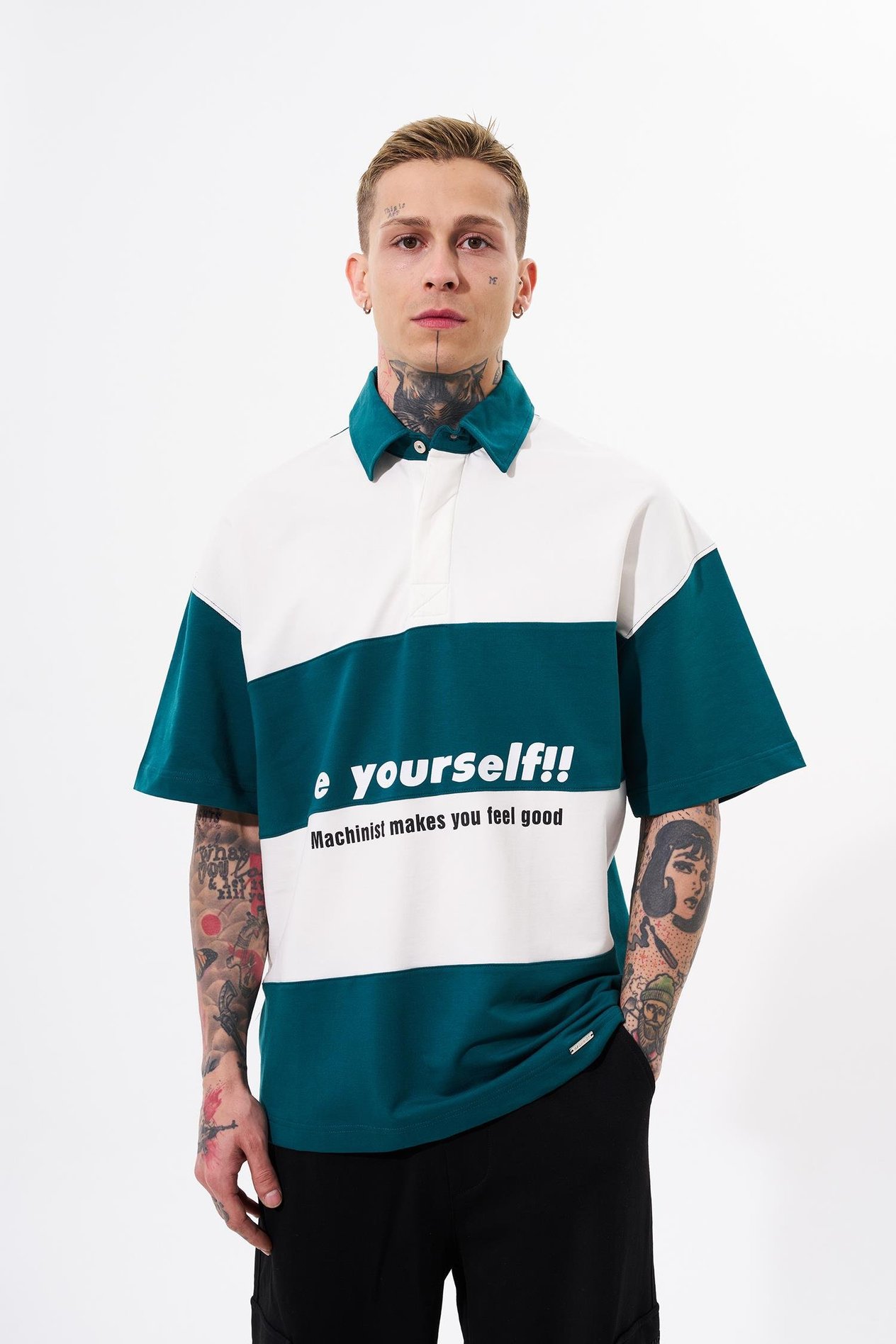 Erkek Be Yourself Polo Yaka Oversize Petrol Yeşili Tişört