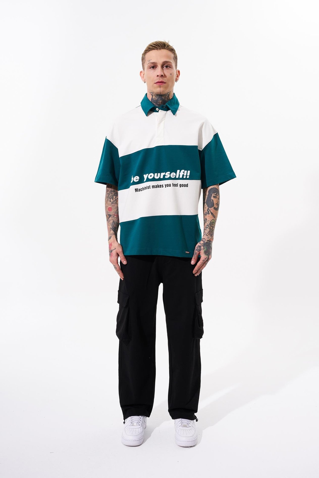 Erkek Be Yourself Polo Yaka Oversize Petrol Yeşili Tişört
