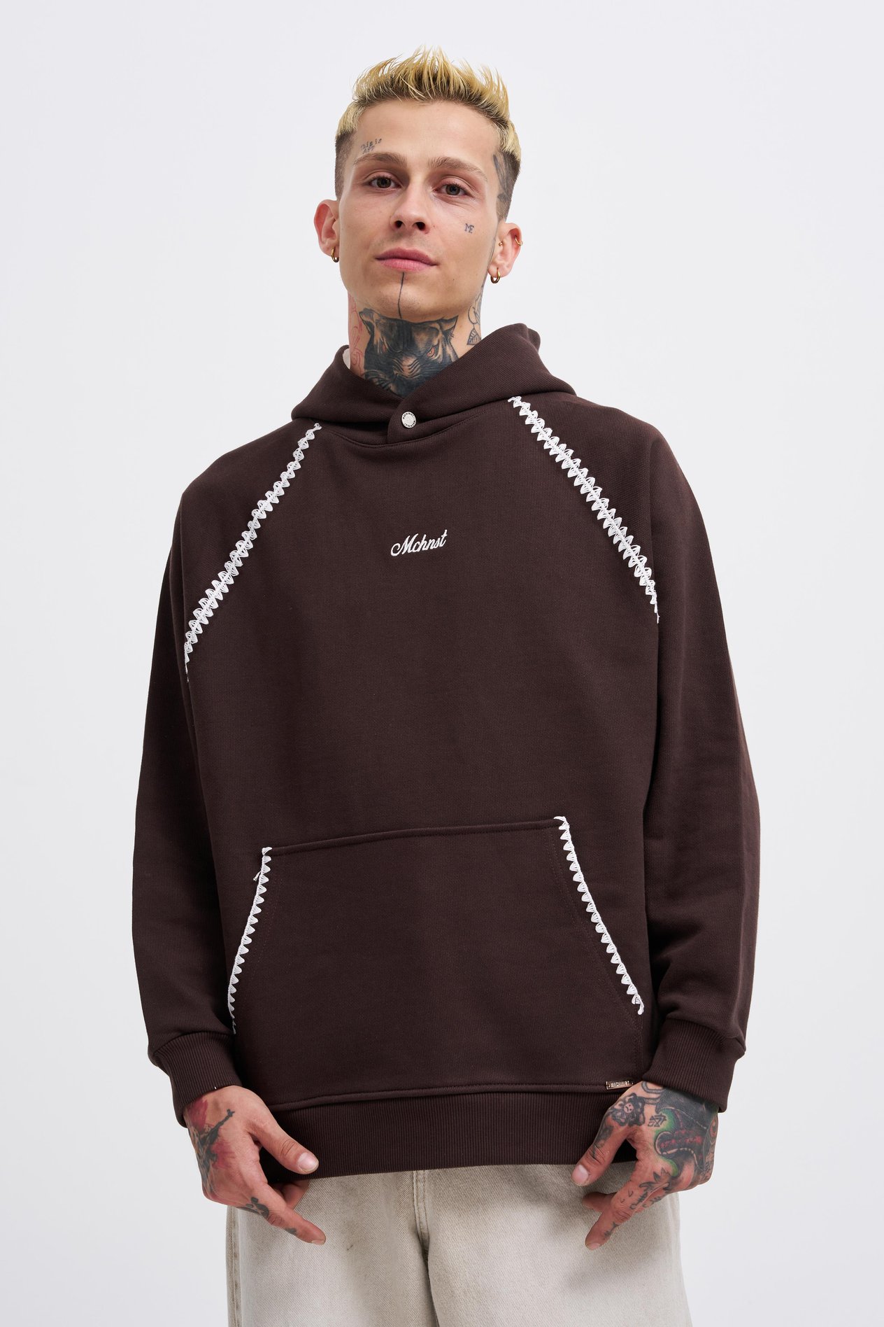 Erkek Crochet Embroidered Hoodie OAK COFFE