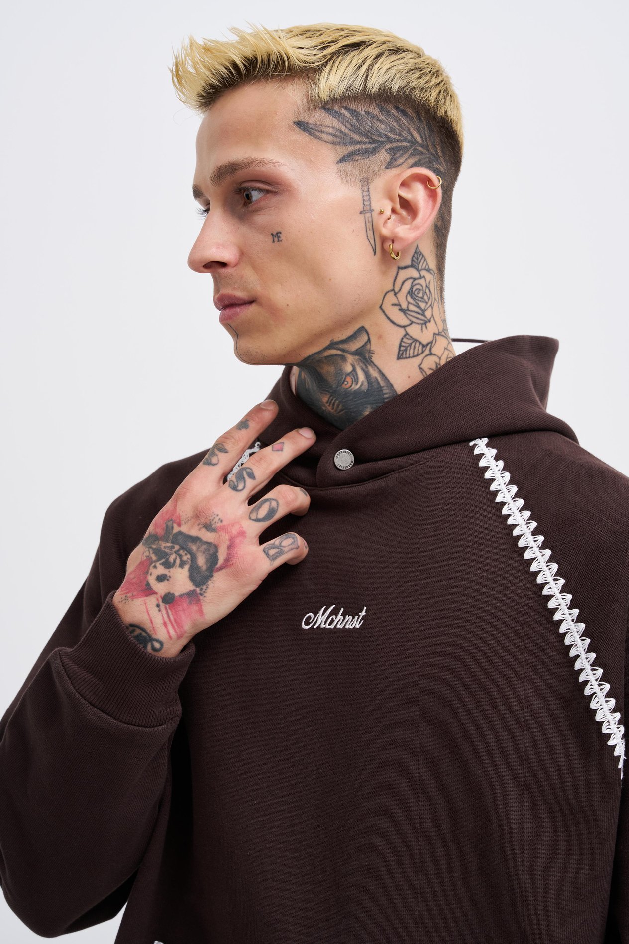 Erkek Crochet Embroidered Hoodie OAK COFFE