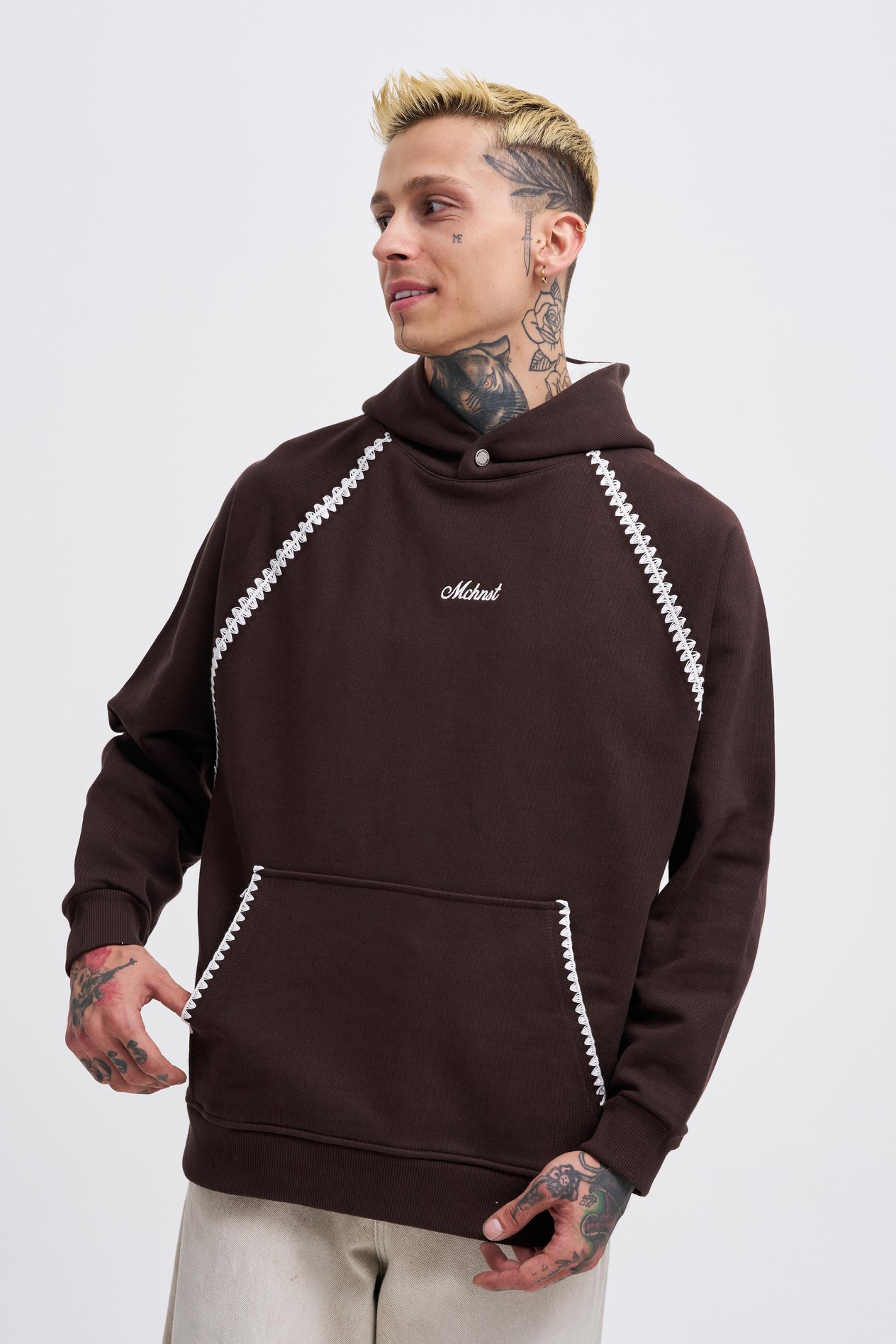 Erkek Crochet Embroidered Hoodie OAK COFFE