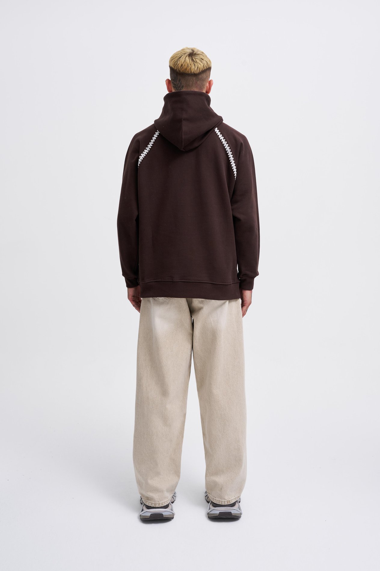 Erkek Crochet Embroidered Hoodie OAK COFFE