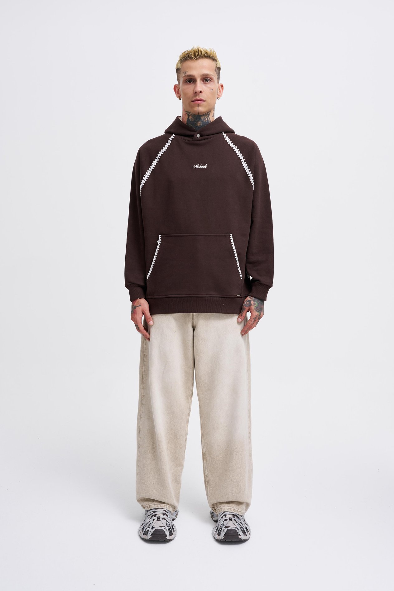Erkek Crochet Embroidered Hoodie OAK COFFE
