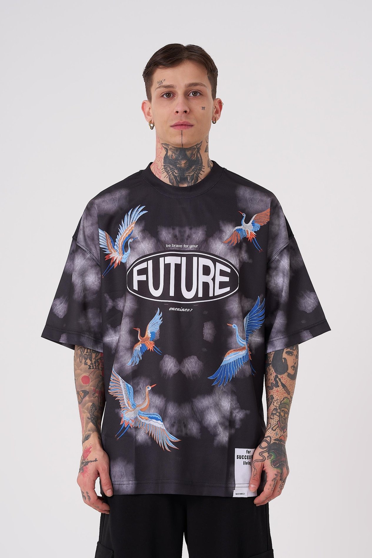 Erkek Future Crown Baskılı Oversize Siyah Tişört