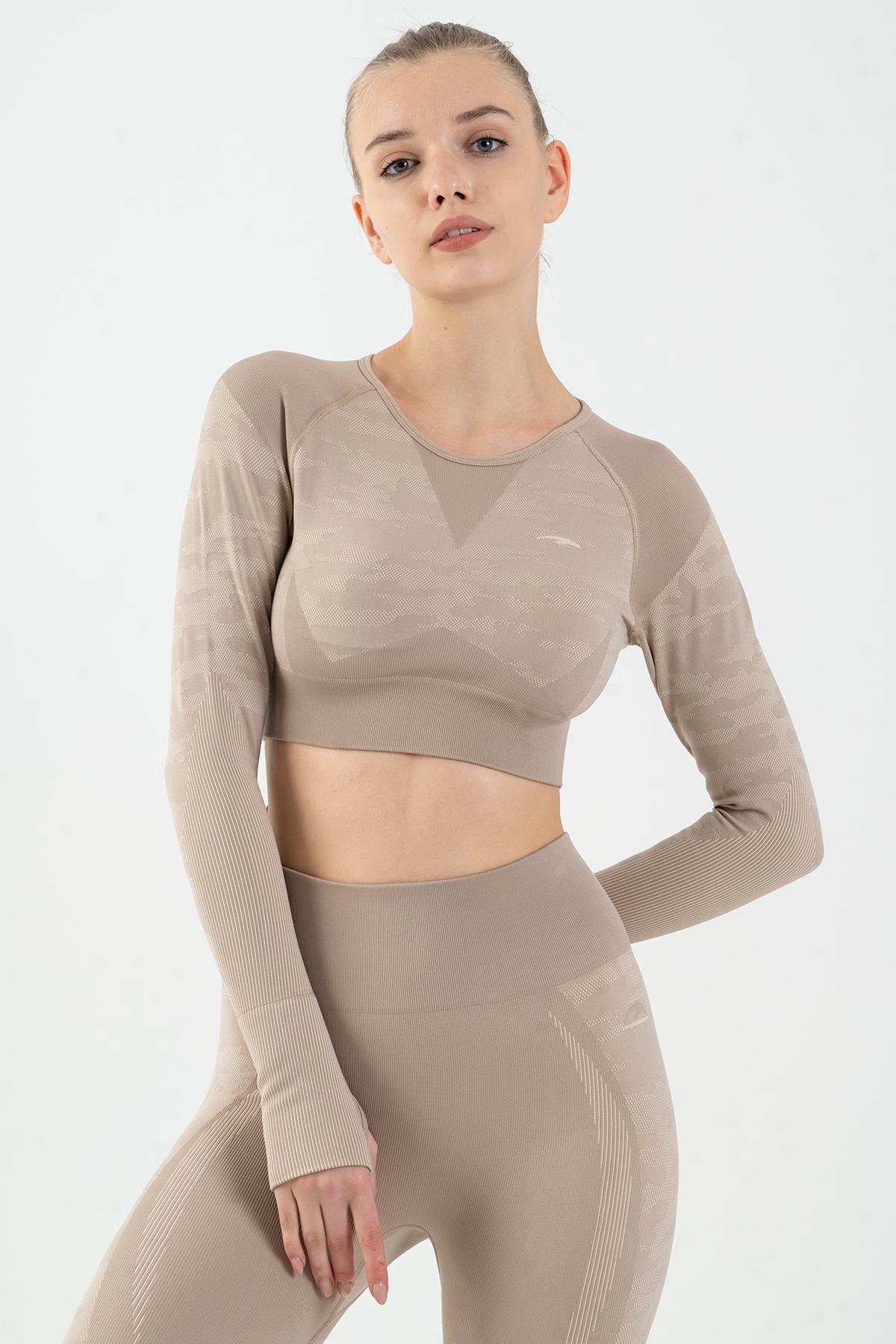 Maraton Active SlimFit Kadın Bisiklet Yaka  Uzun Kol Fitness Crop Top 816013
