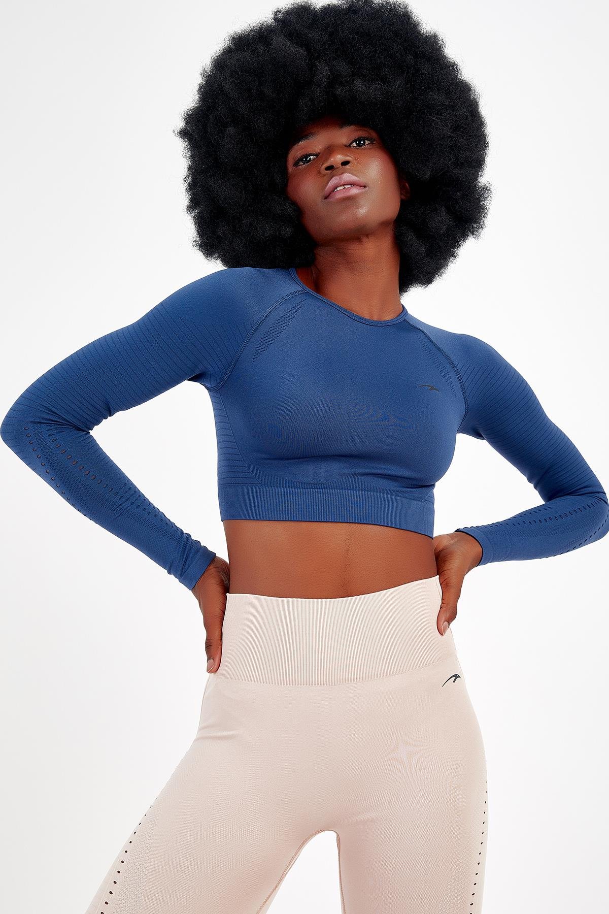 Maraton Active SlimFit Kadın Bisiklet Yaka  Uzun Kol Fitness Crop Top 816008