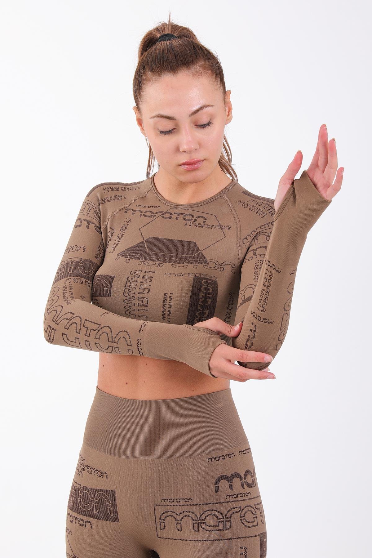 Maraton Active SlimFit Kadın Bisiklet Yaka  Uzun Kol Koşu Crop Top 816025