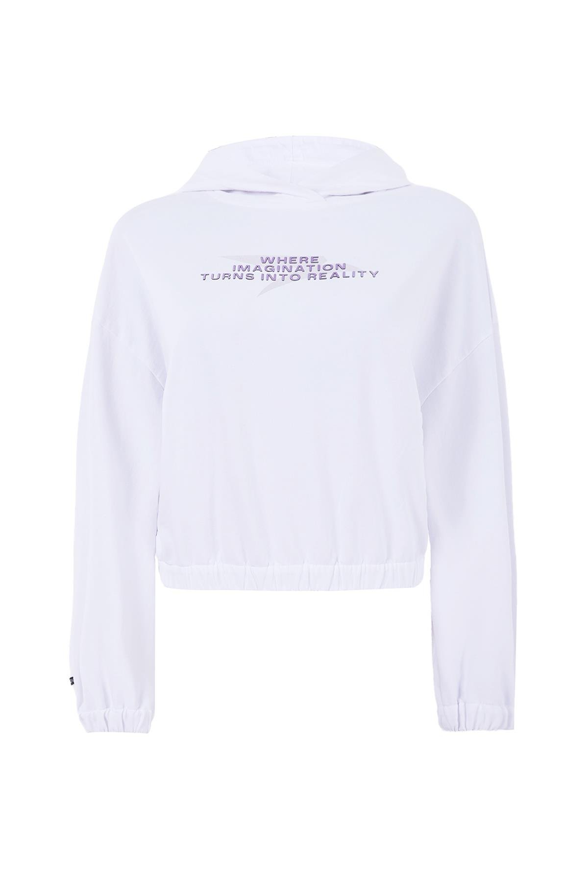 Maraton CASUAL Comfort Kadın Kapşonlu  Düşük Kol HYPE Beyaz Sweatshirt 23870