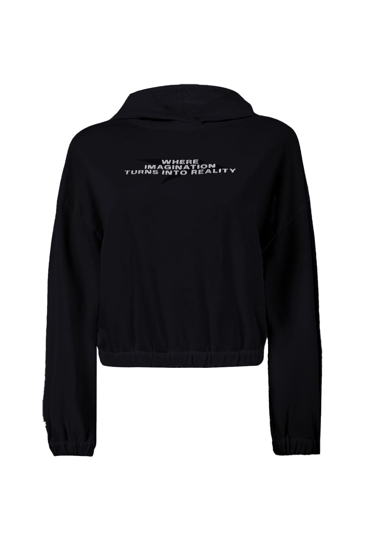 Maraton CASUAL Comfort Kadın Kapşonlu  Düşük Kol HYPE Siyah Sweatshirt 23870
