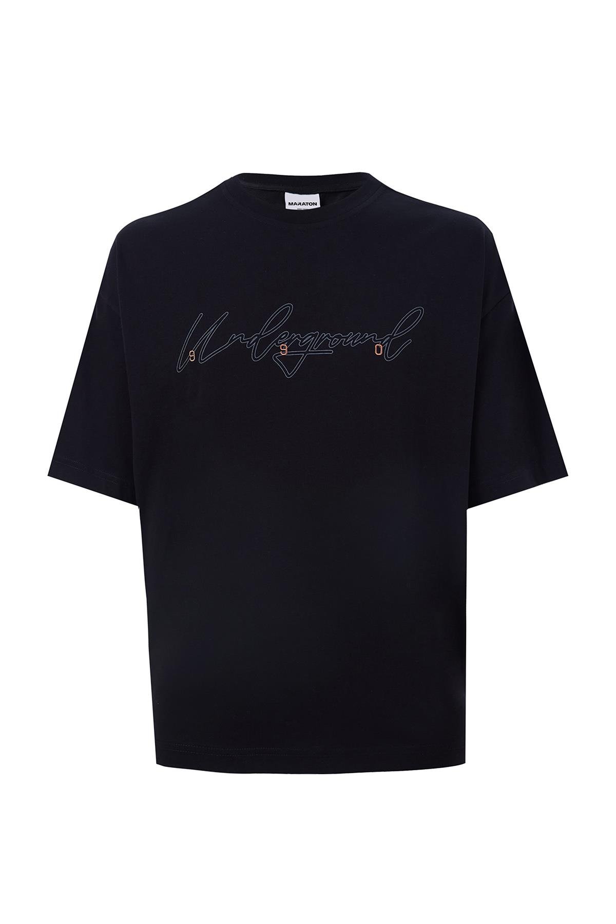 Maraton Oversize Erkek Bisiklet Yaka  Kısa Kol Siyah T-shirt 23894