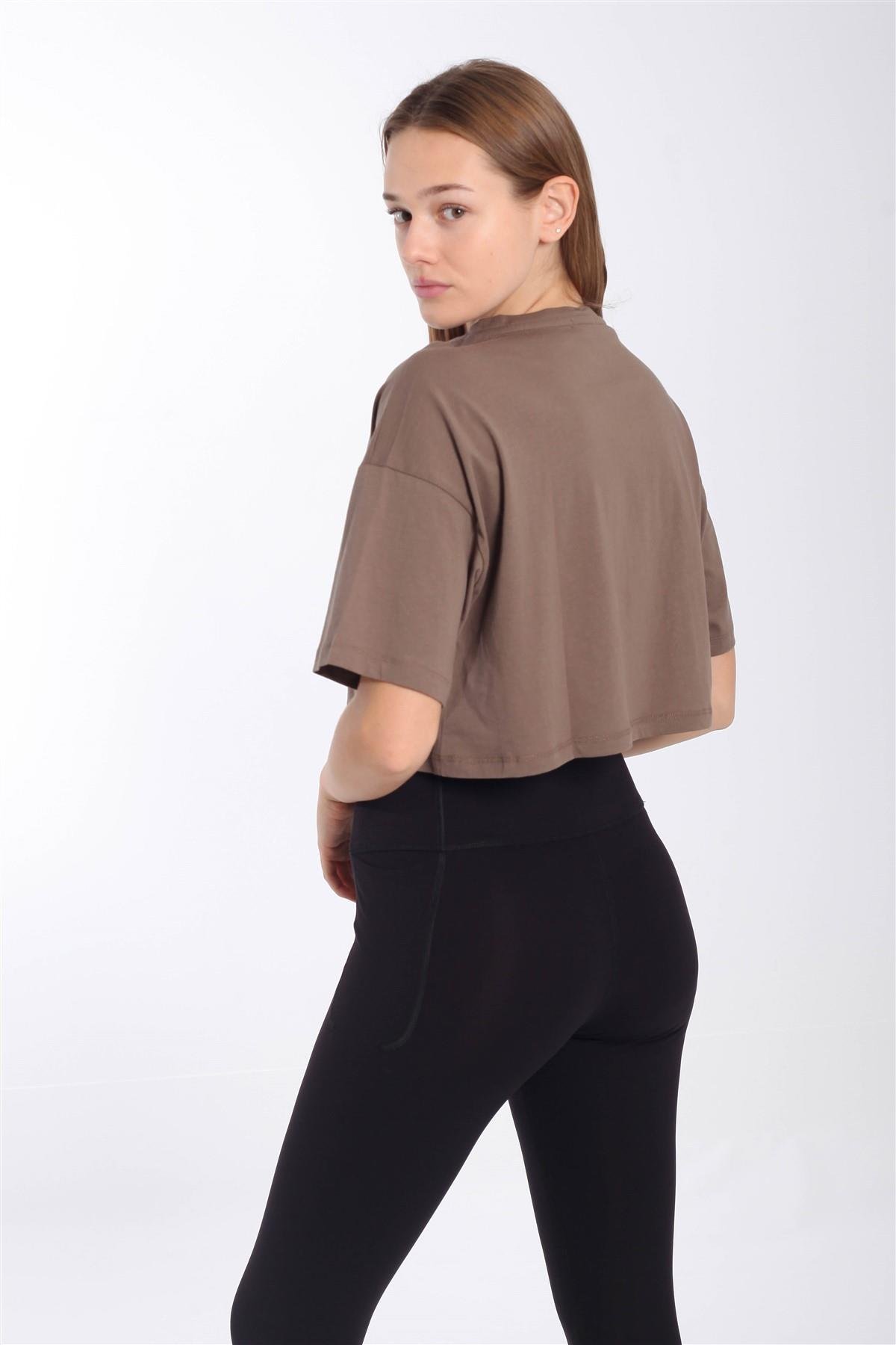 Maraton Sportswear Comfort Kadın Bisiklet Yaka  Kısa Kol Basic Kakao Crop Top 20880