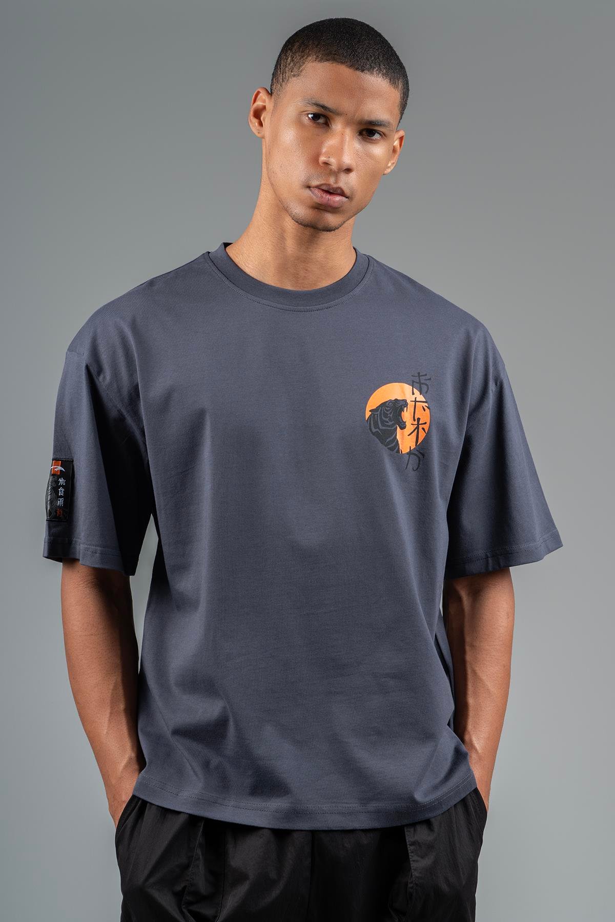 Maraton Sportswear Oversize Erkek Bisiklet Yaka  Kısa Kol Basic Antrasit T-shirt 23243