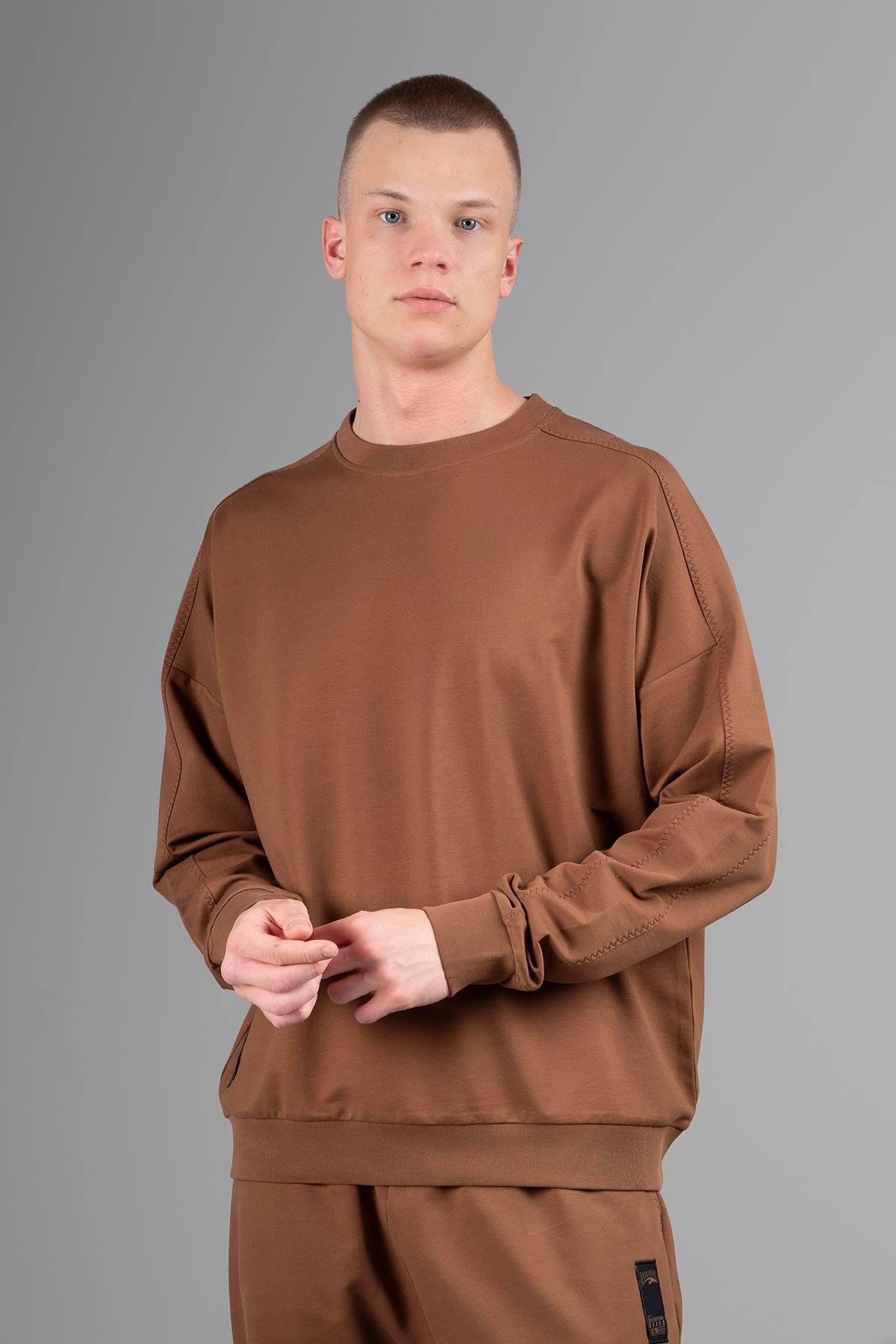 Maraton Sportswear Oversize Erkek Bisiklet Yaka  Düşük Kol Basic Taba Sweatshirt 23116