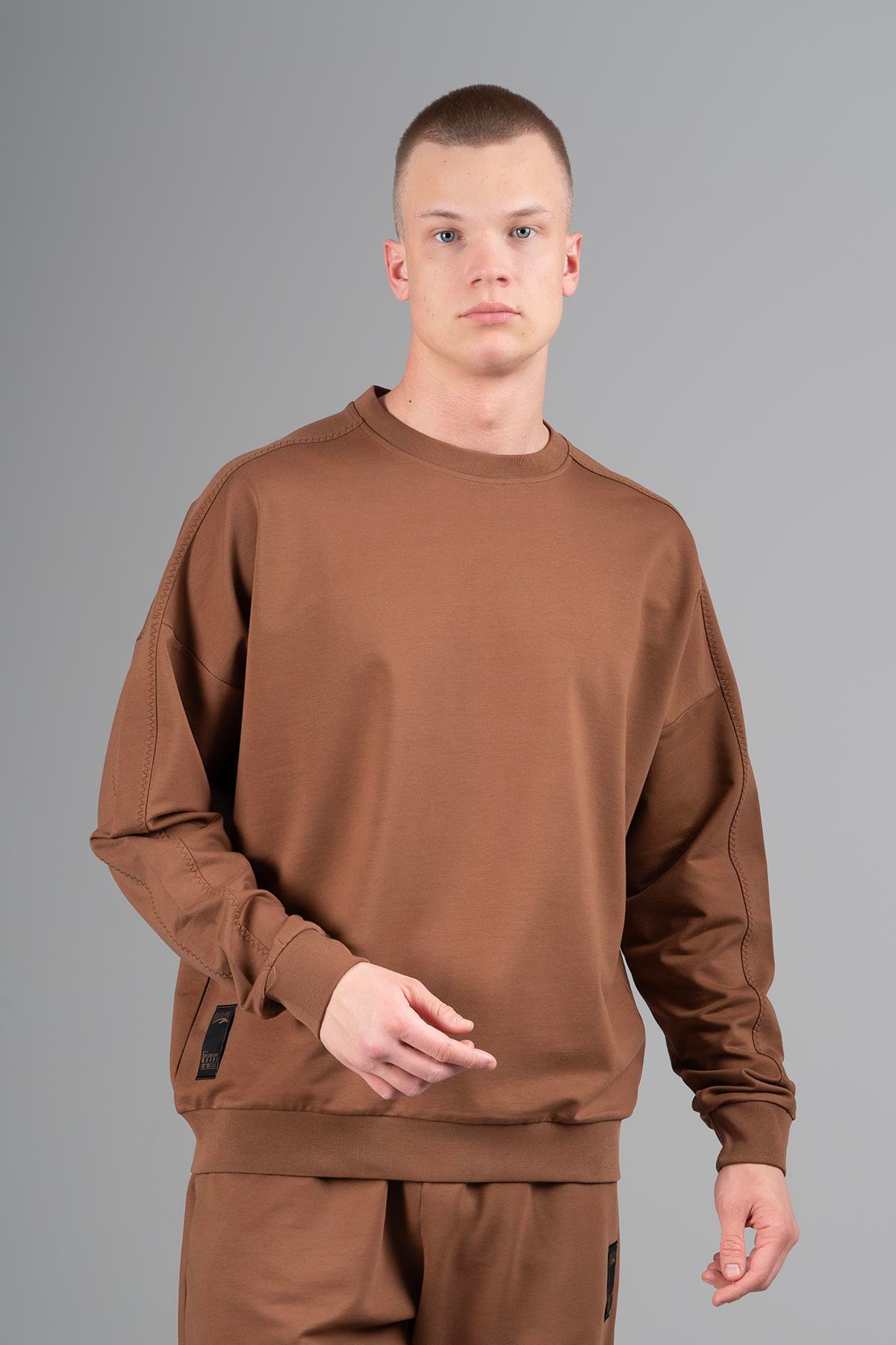 Maraton Sportswear Oversize Erkek Bisiklet Yaka  Düşük Kol Basic Taba Sweatshirt 23116