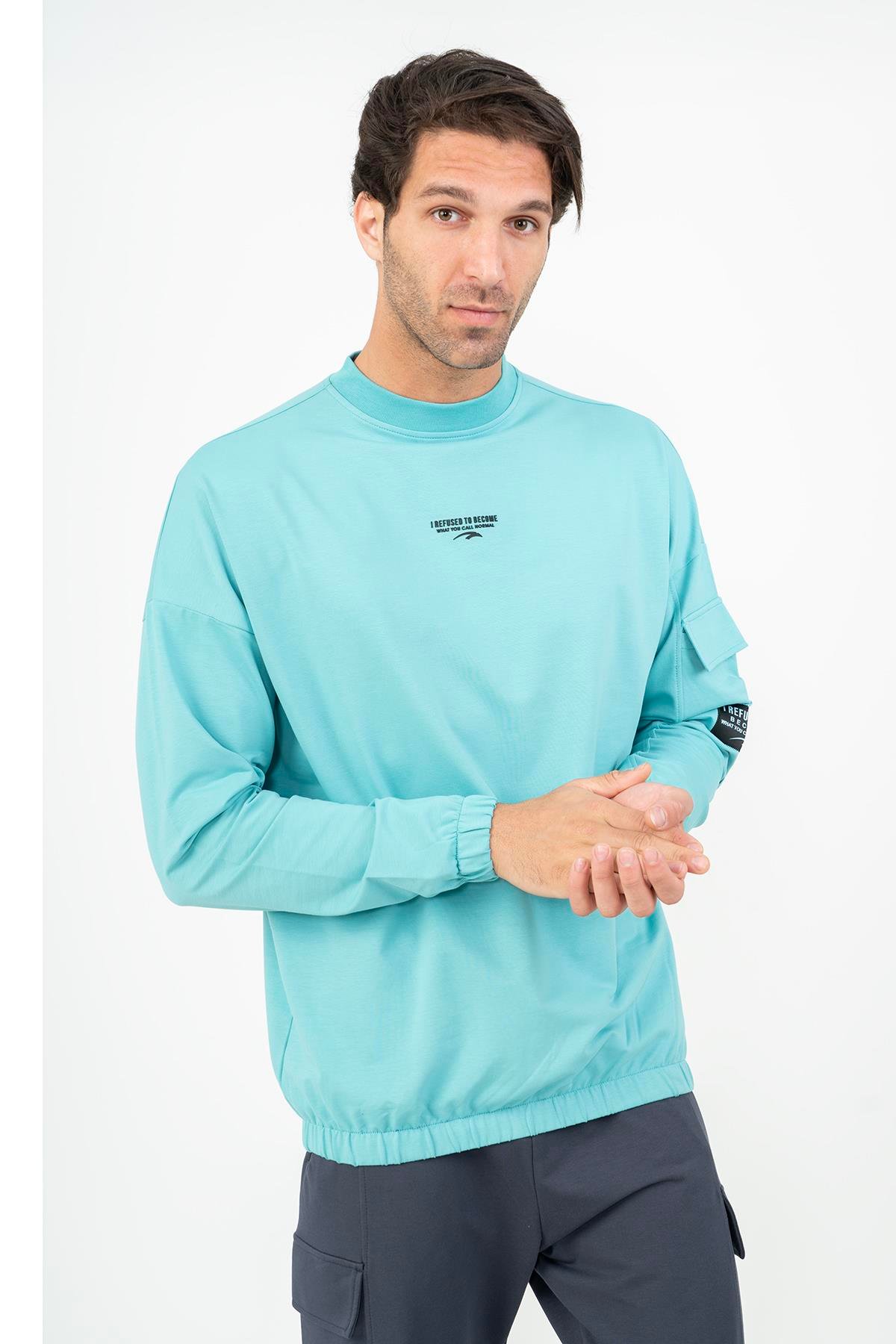 Maraton Sportswear Oversize Erkek Bisiklet Yaka  Düşük Kol Basic Turkuaz Sweatshirt 21731
