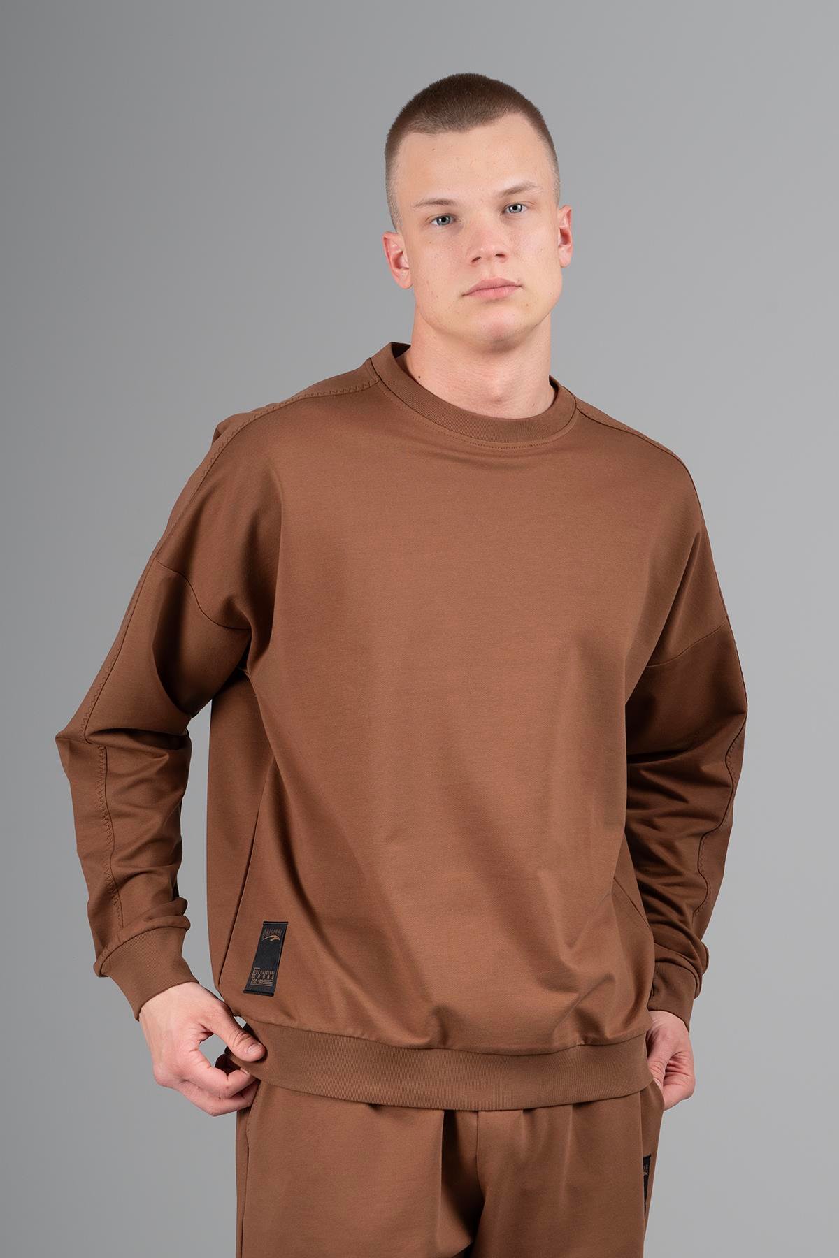 Maraton Sportswear Oversize Erkek Bisiklet Yaka  Düşük Kol Basic Taba Sweatshirt 23116