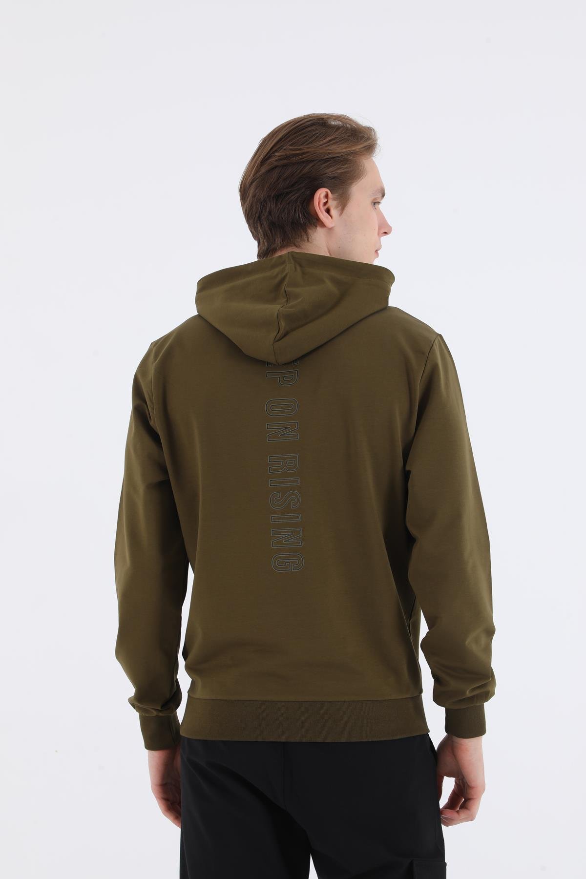 Maraton Sportswear Oversize Erkek Kapşonlu  Uzun Kol Basic Zeytin Sweatshirt 20562