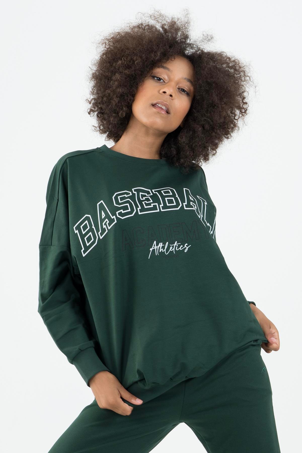 Maraton Sportswear Oversize Kadın Bisiklet Yaka  Uzun Kol Basic Yeşil Sweatshirt 22185