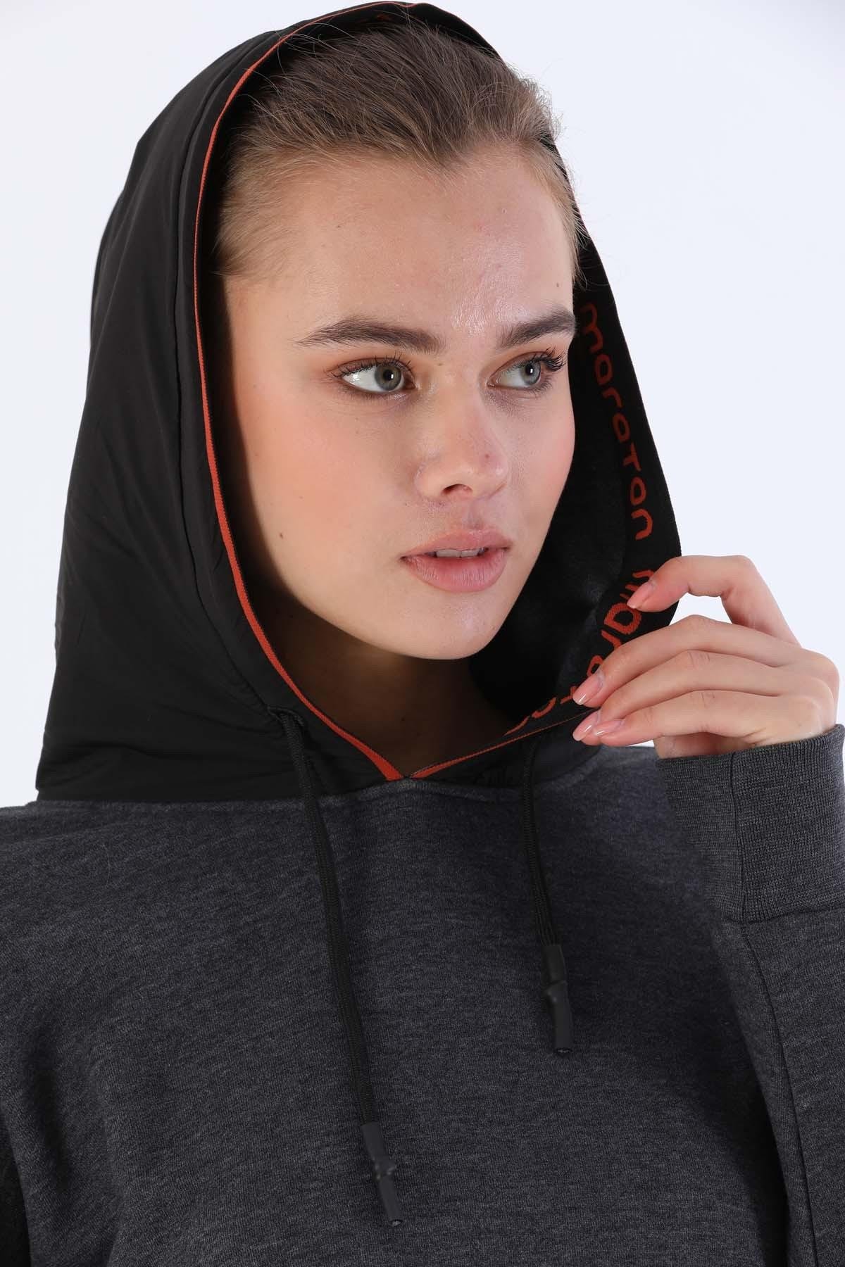 Maraton Sportswear Oversize Kadın Kapşonlu  Uzun Kol Basic Siyahmelanj Sweatshirt 20353