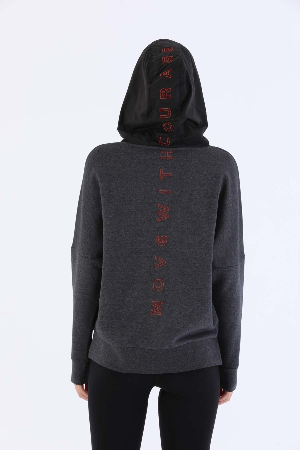 Maraton Sportswear Oversize Kadın Kapşonlu  Uzun Kol Basic Siyahmelanj Sweatshirt 20353
