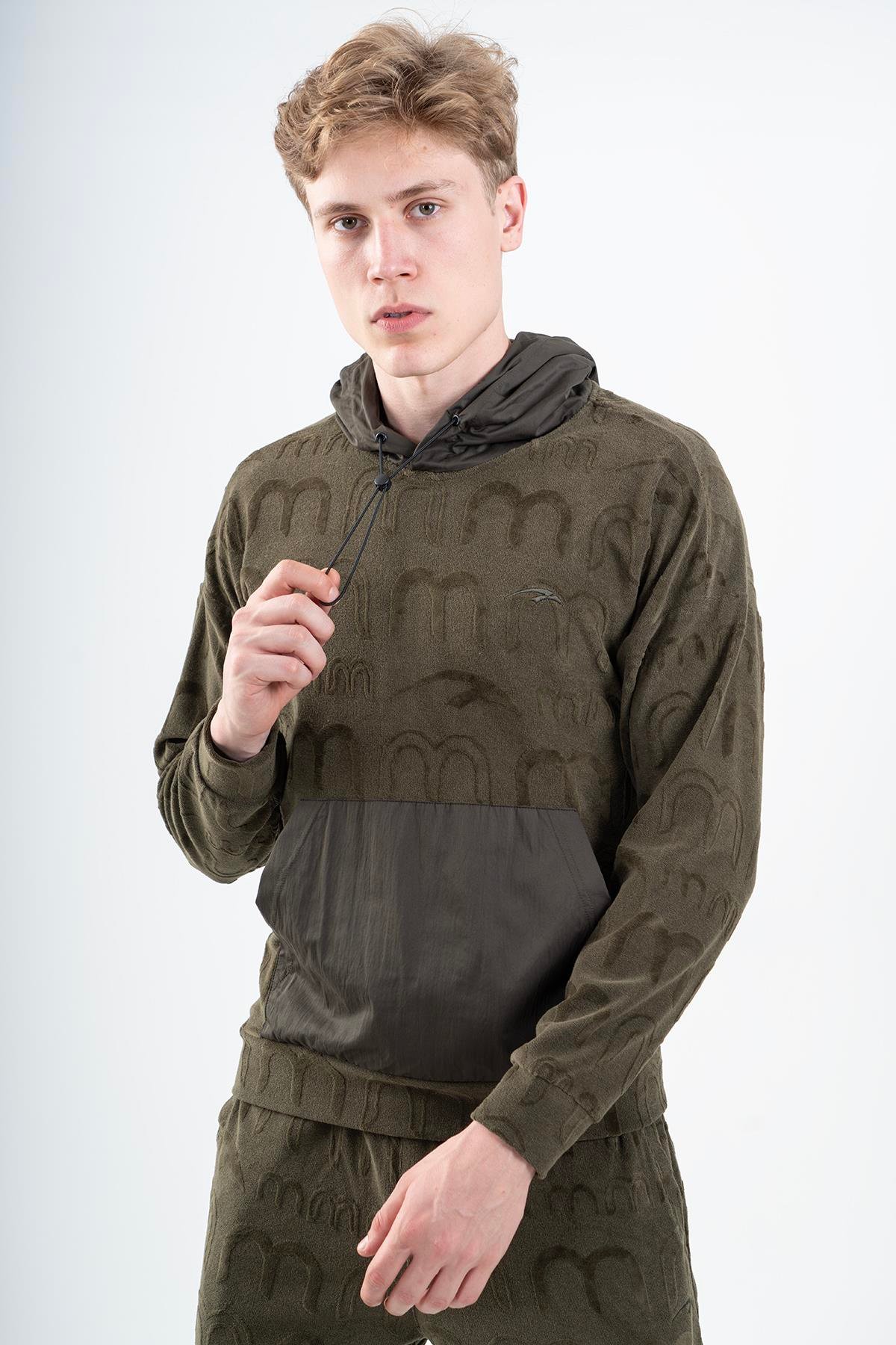 Maraton Sportswear Regular Erkek Kapşonlu  Düşük Kol Basic Haki Sweatshirt 21832