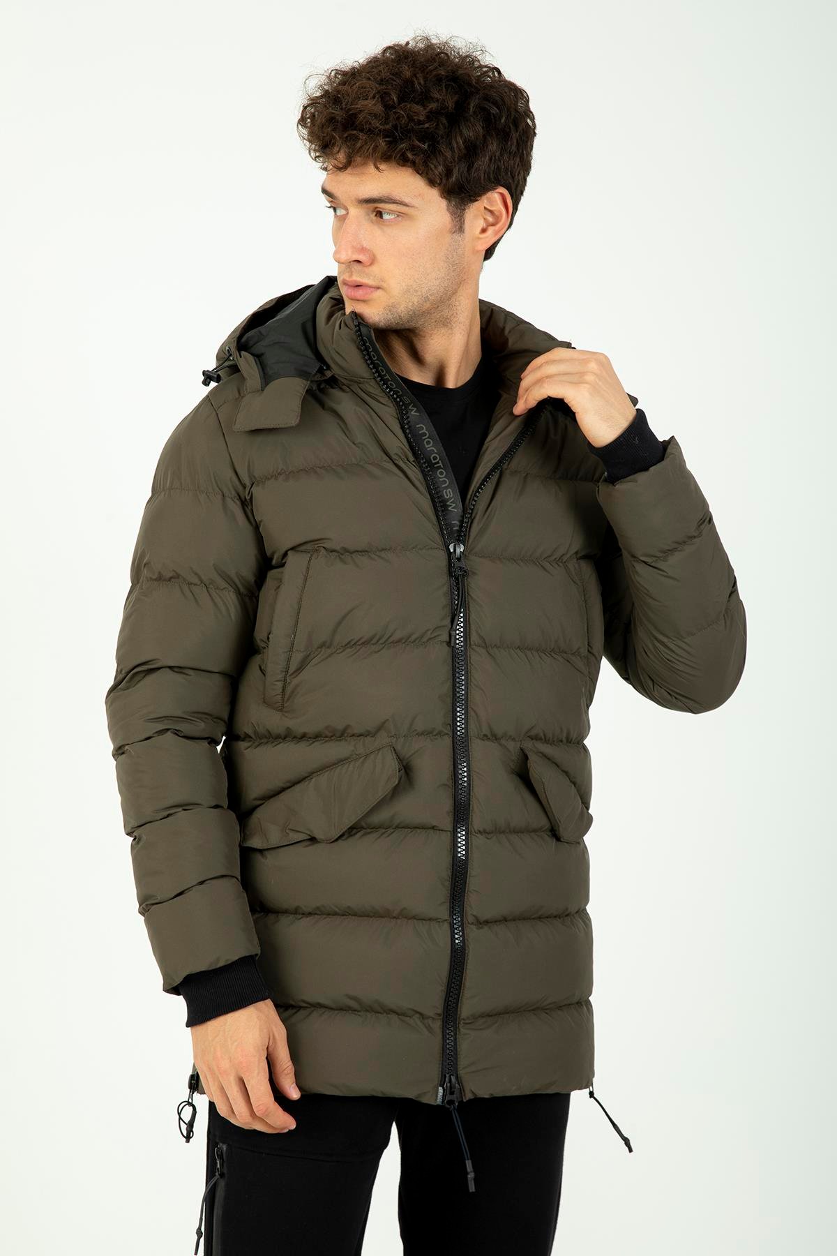 Maraton Sportswear Regular Erkek Kapşonlu  Uzun Kol Basic Haki Mont 21262