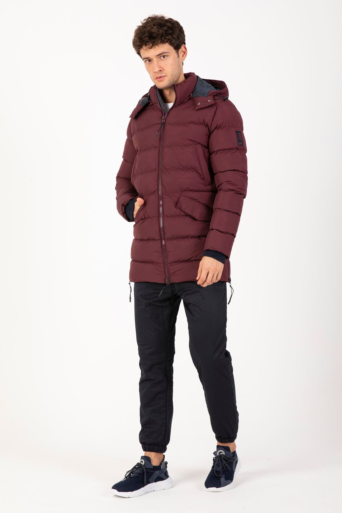 Maraton Sportswear Regular Erkek Kapşonlu  Uzun Kol Basic Bordo Mont 21262