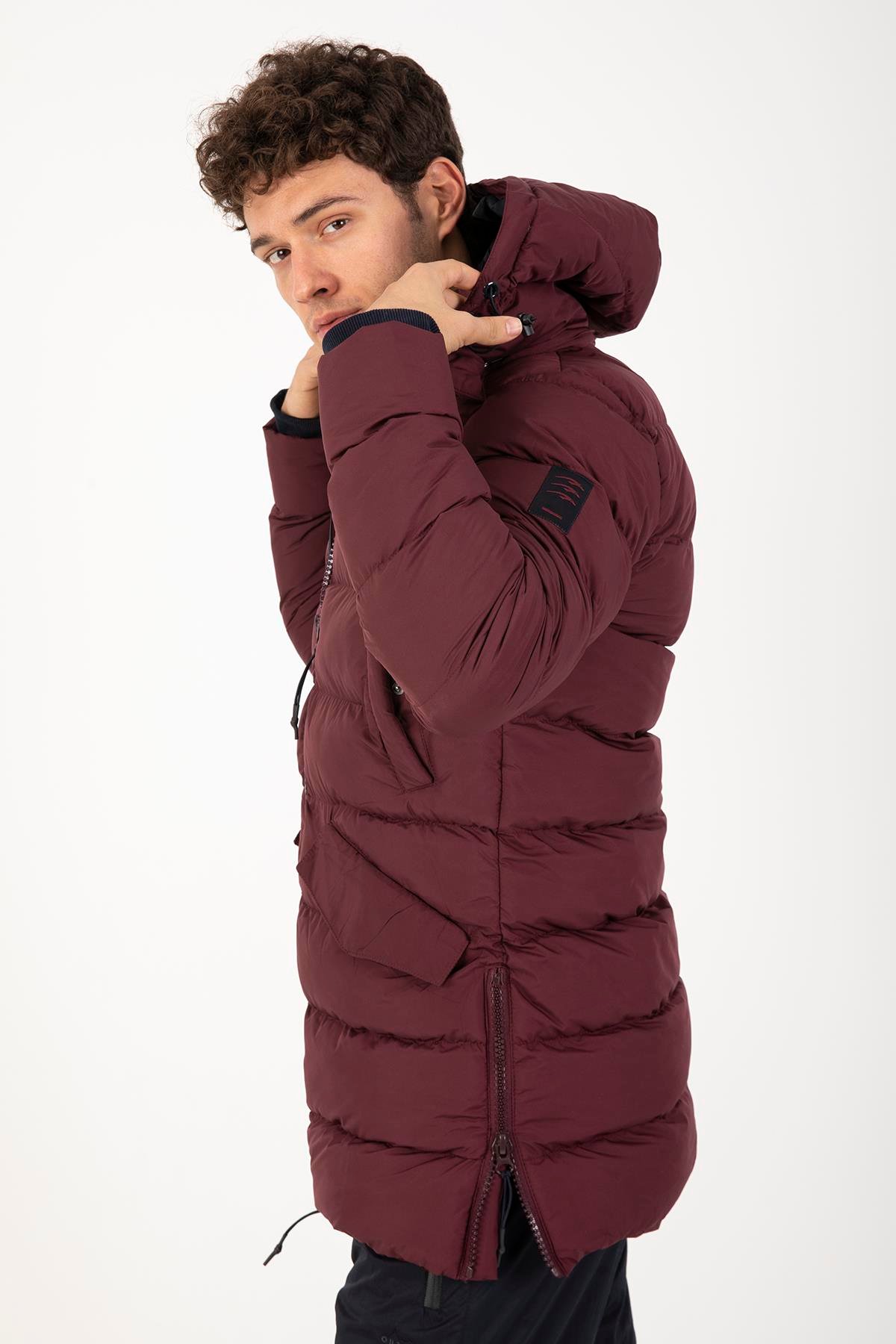 Maraton Sportswear Regular Erkek Kapşonlu  Uzun Kol Basic Bordo Mont 21262