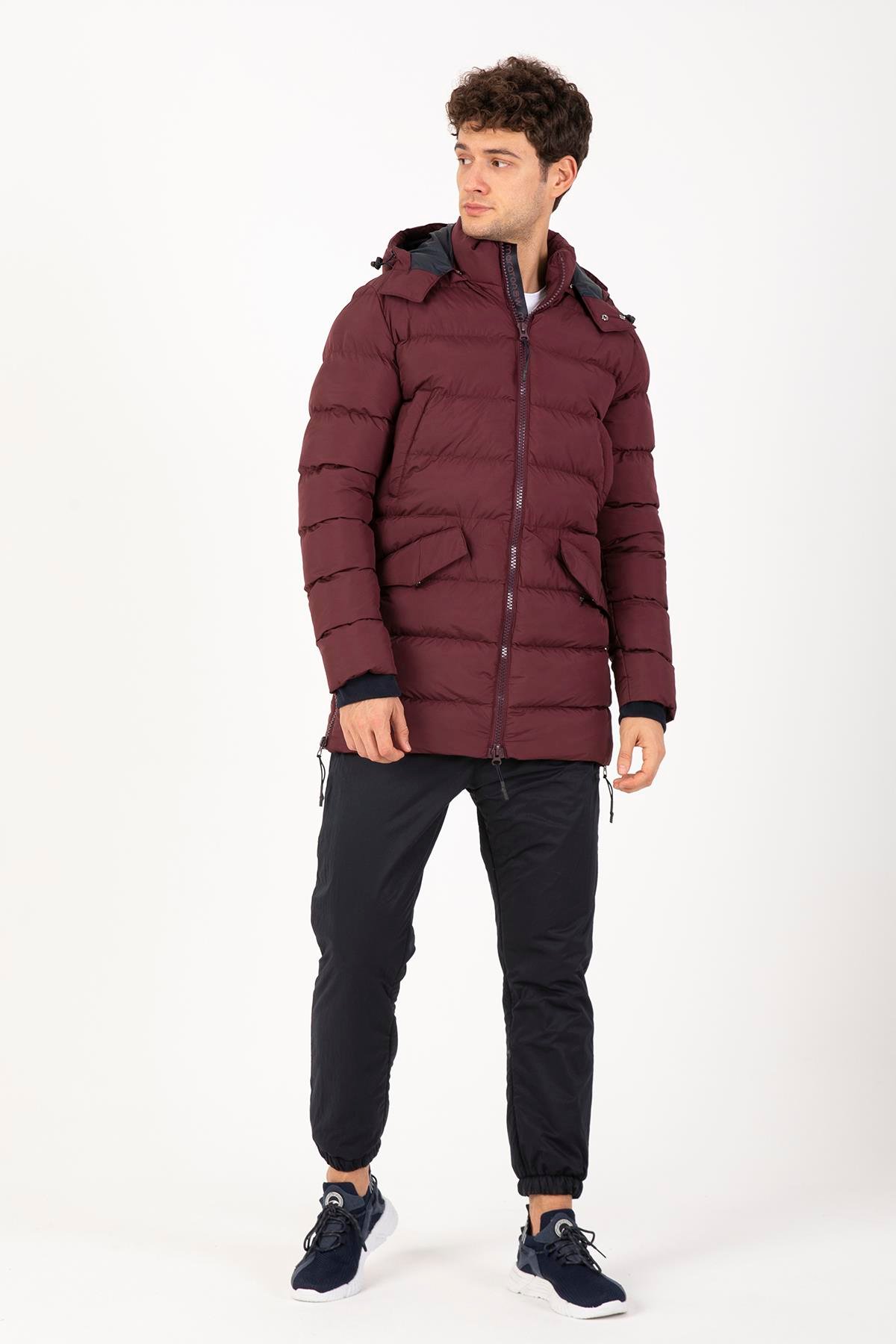 Maraton Sportswear Regular Erkek Kapşonlu  Uzun Kol Basic Bordo Mont 21262
