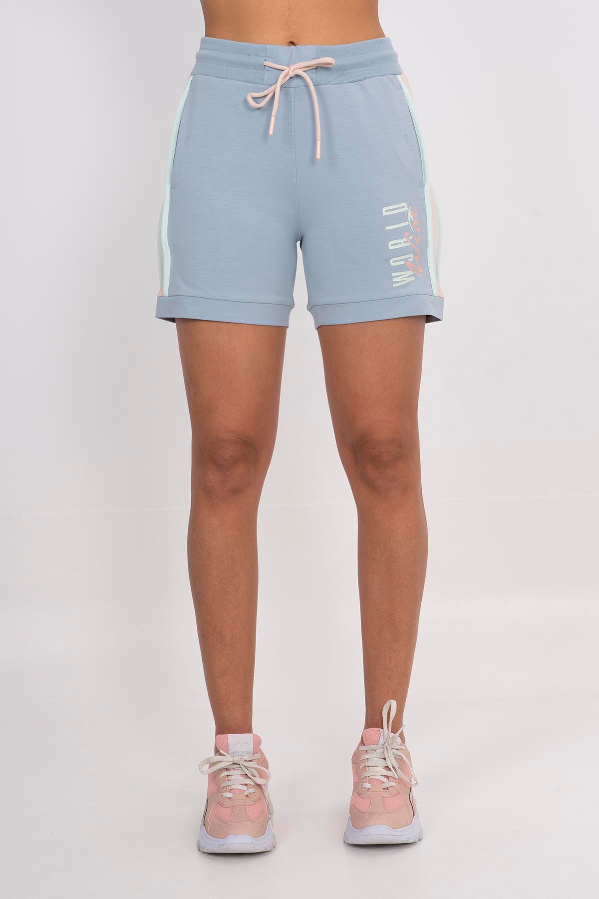 Maraton Sportswear Regular Kadın    Basic Sisli Mavi Şort 21159