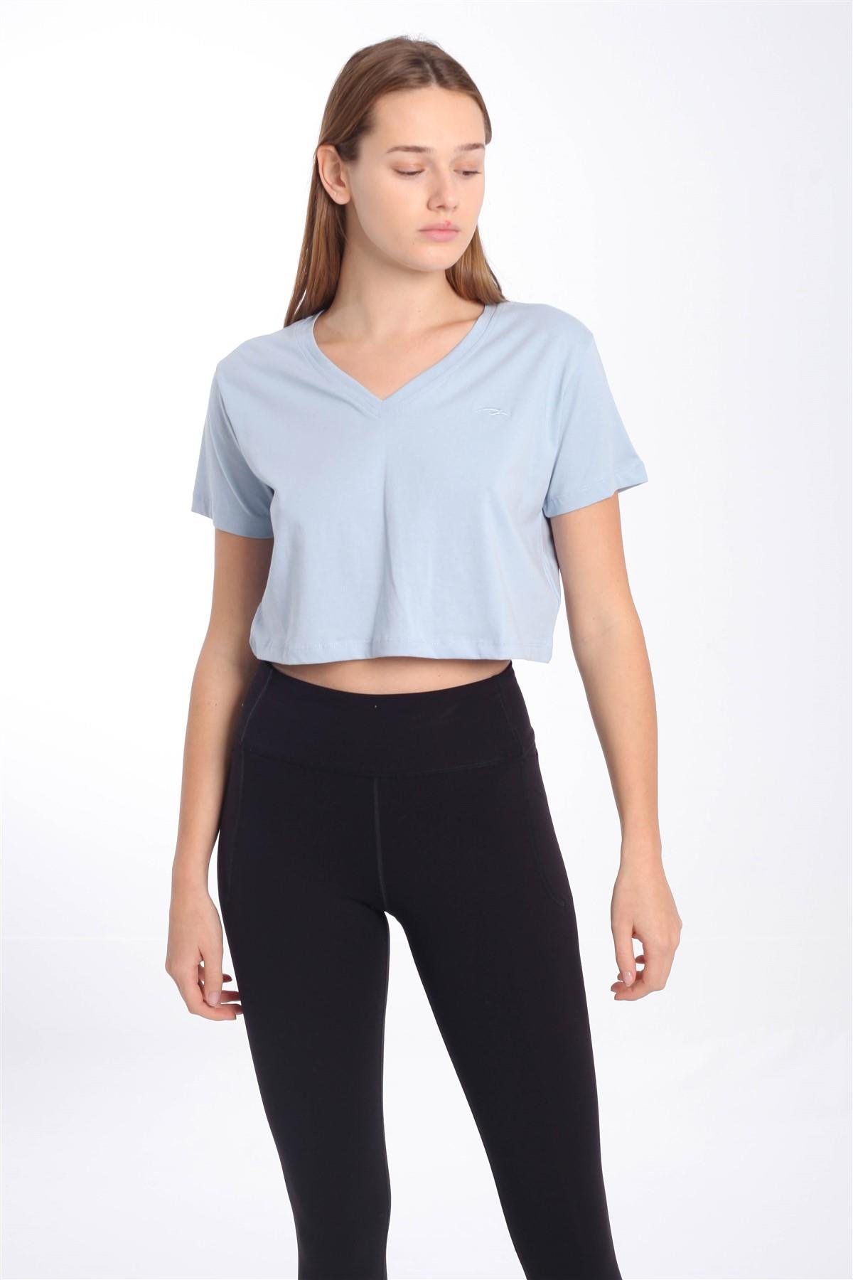 Maraton Sportswear Regular Kadın V Yaka  Kısa Kol Basic Crop Top 21236