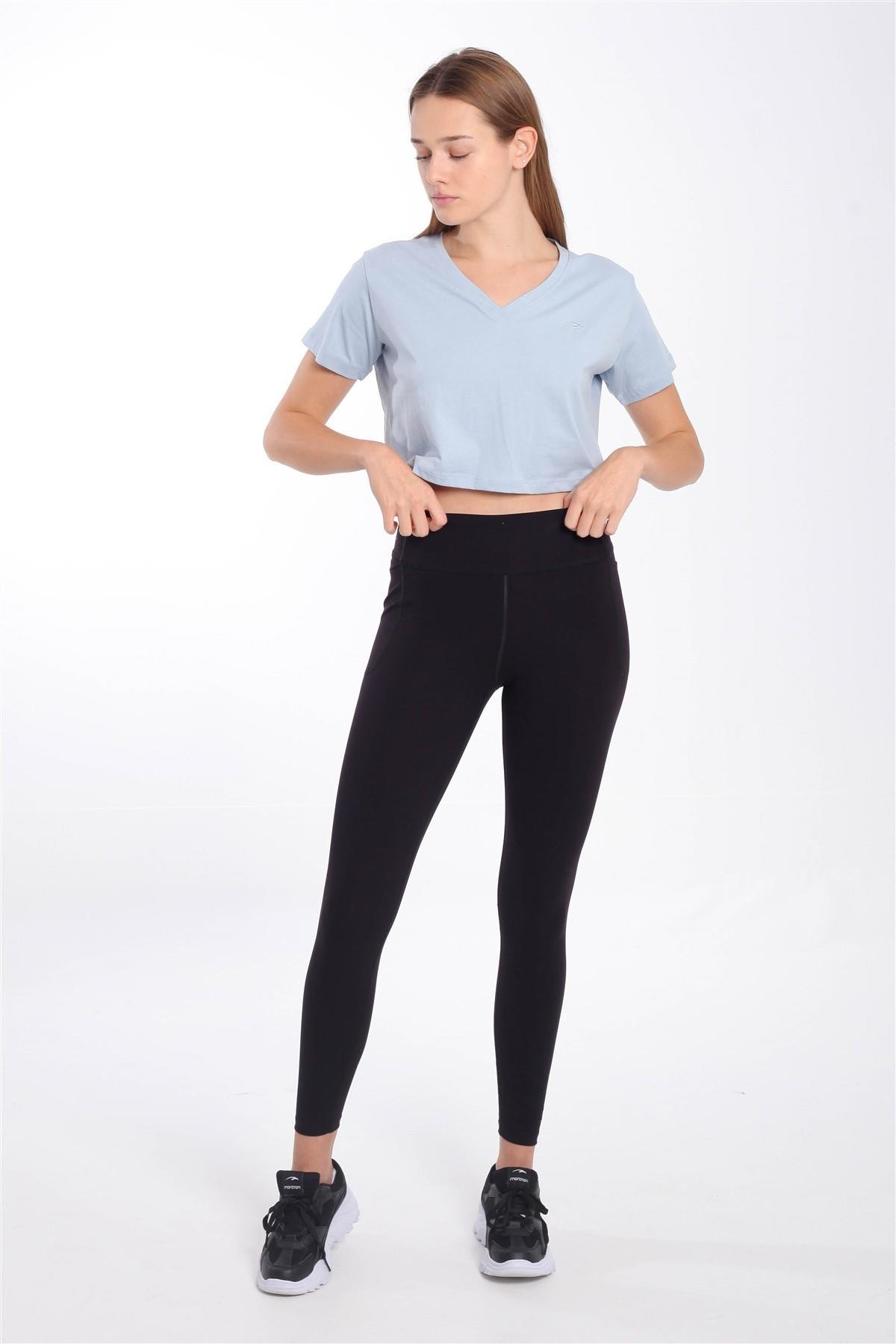 Maraton Sportswear Regular Kadın V Yaka  Kısa Kol Basic Crop Top 21236