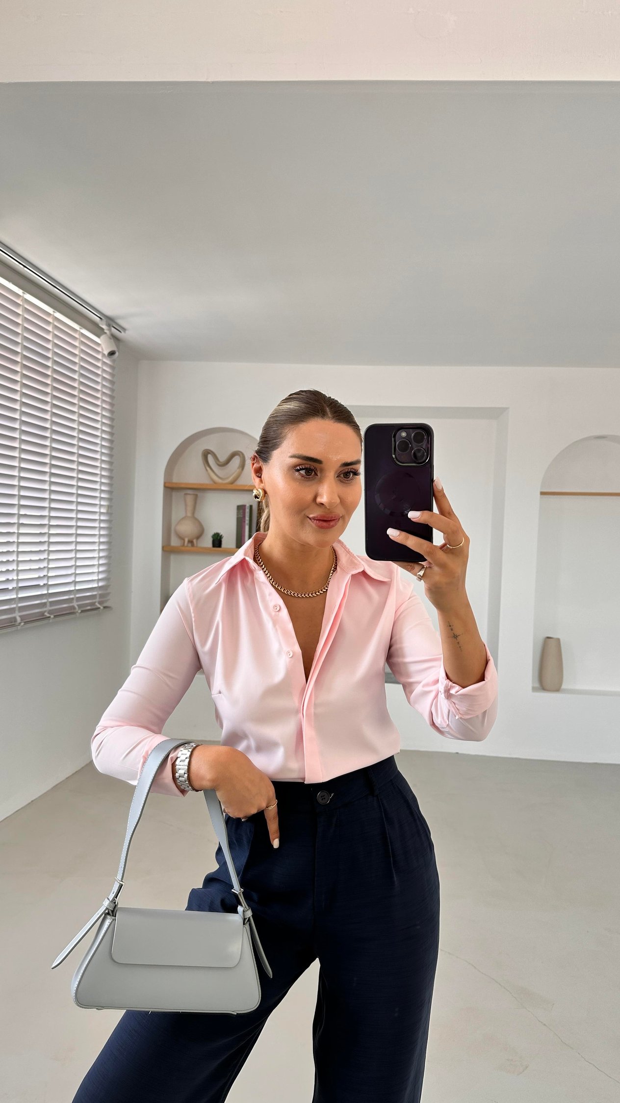 Slim Fit Toz Pembe Gömlek