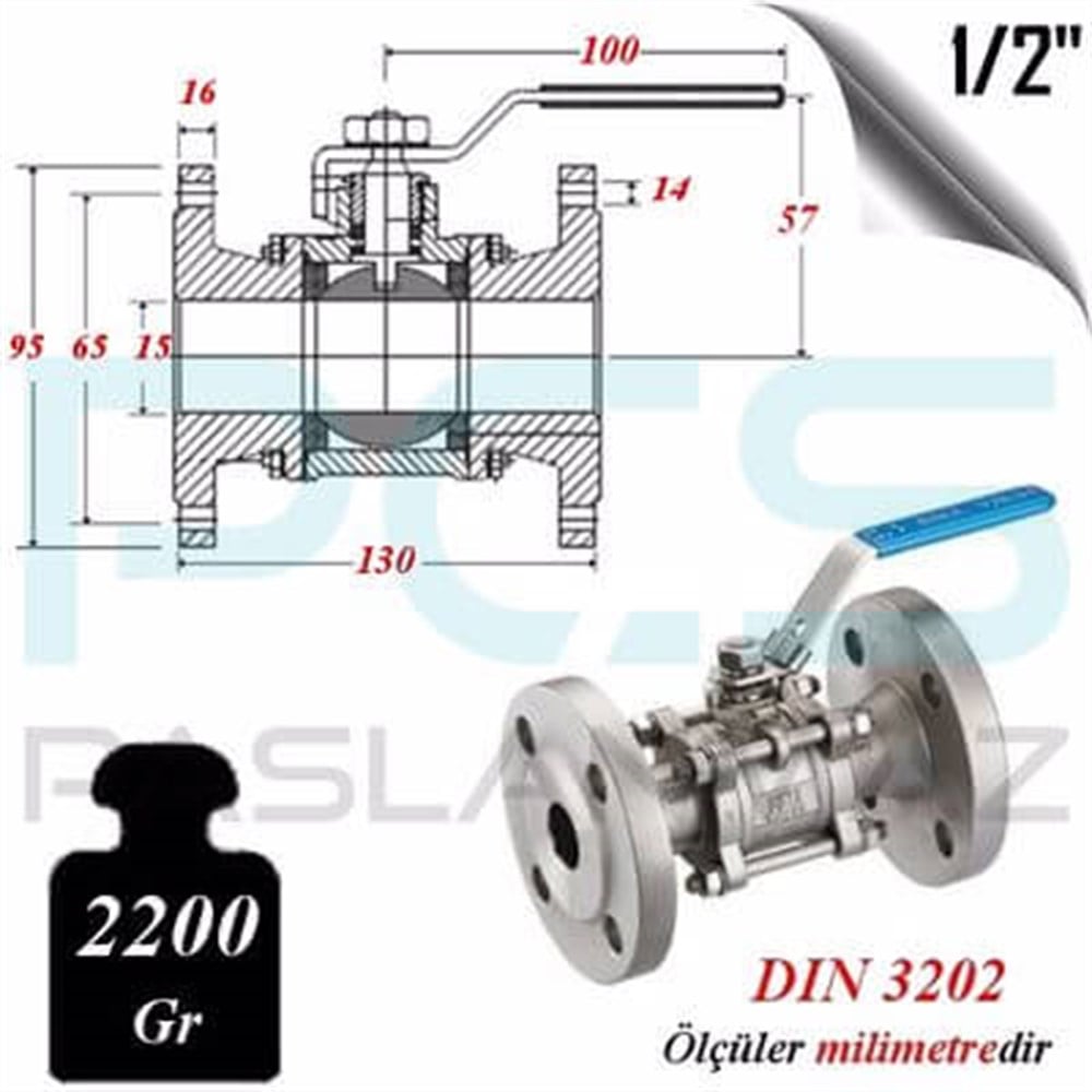 PASLANMAZ ÇELİK 304 KALİTE 3 PARÇALI FLANŞLI VANA