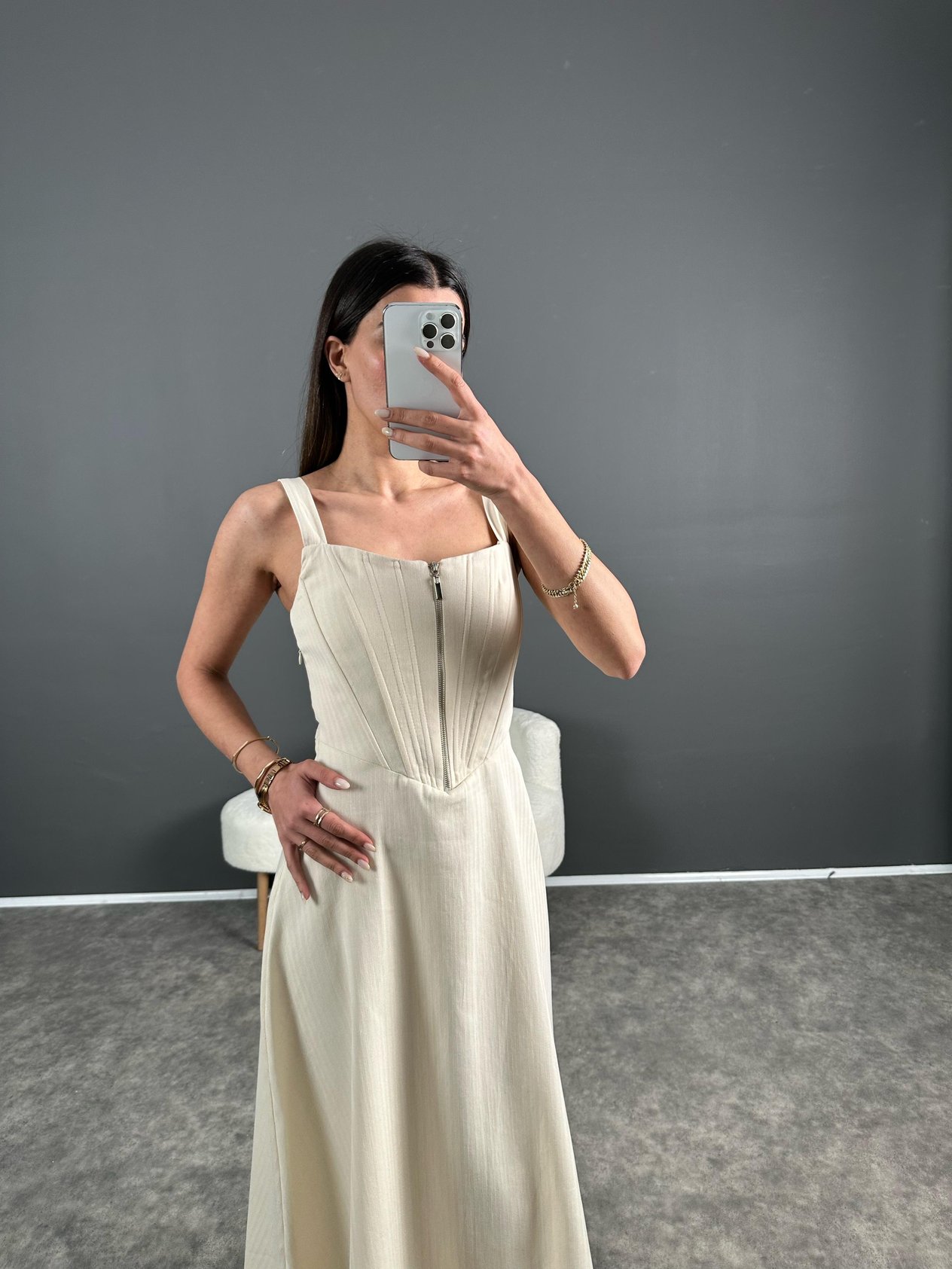 Ekru Korseli Fermuarlı Gabardin Elbise GausELBİSEGU004582