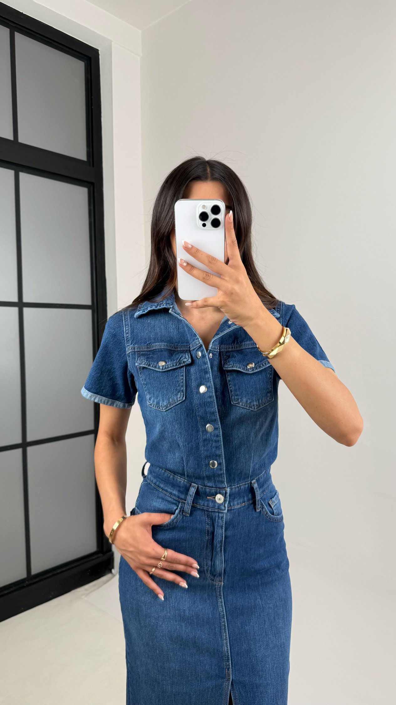Mavi Yırtmaçlı Ön Düğmeli Cep Detaylı Denim Elbise Gaus00536GausDressesGU1002250