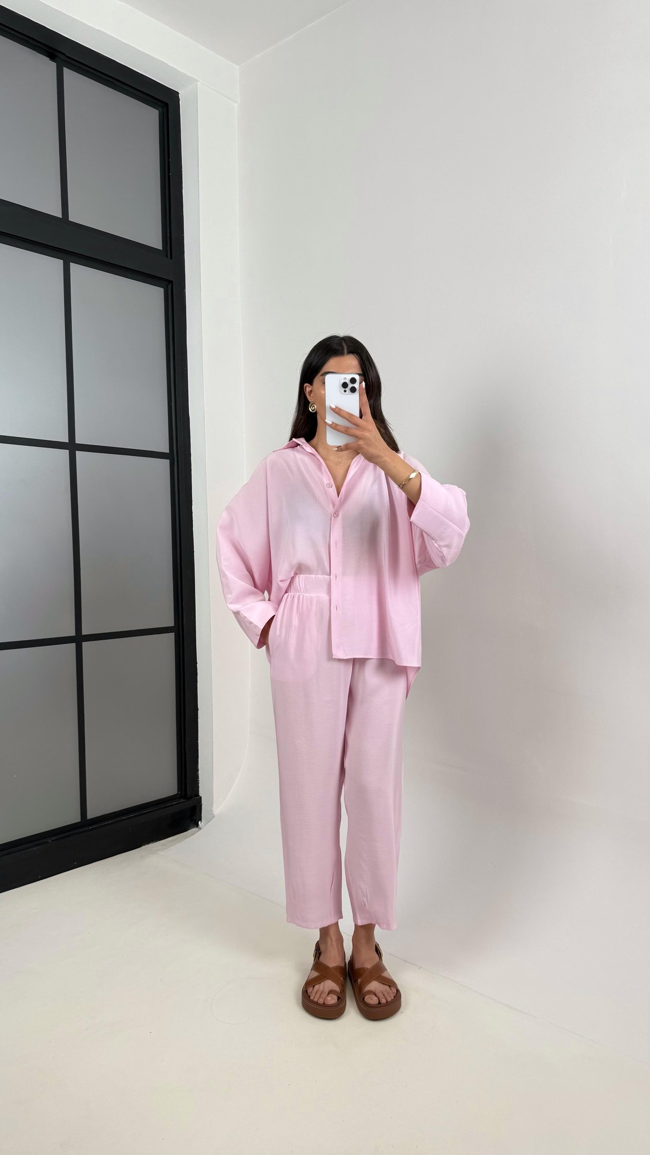 Pembe Önü Düğmeli Gömlek Beli Lastikli Cepli Pantolon MD Muadil Tencel Takım TNCL01 Gaus00390GausTAKIMGU1001910