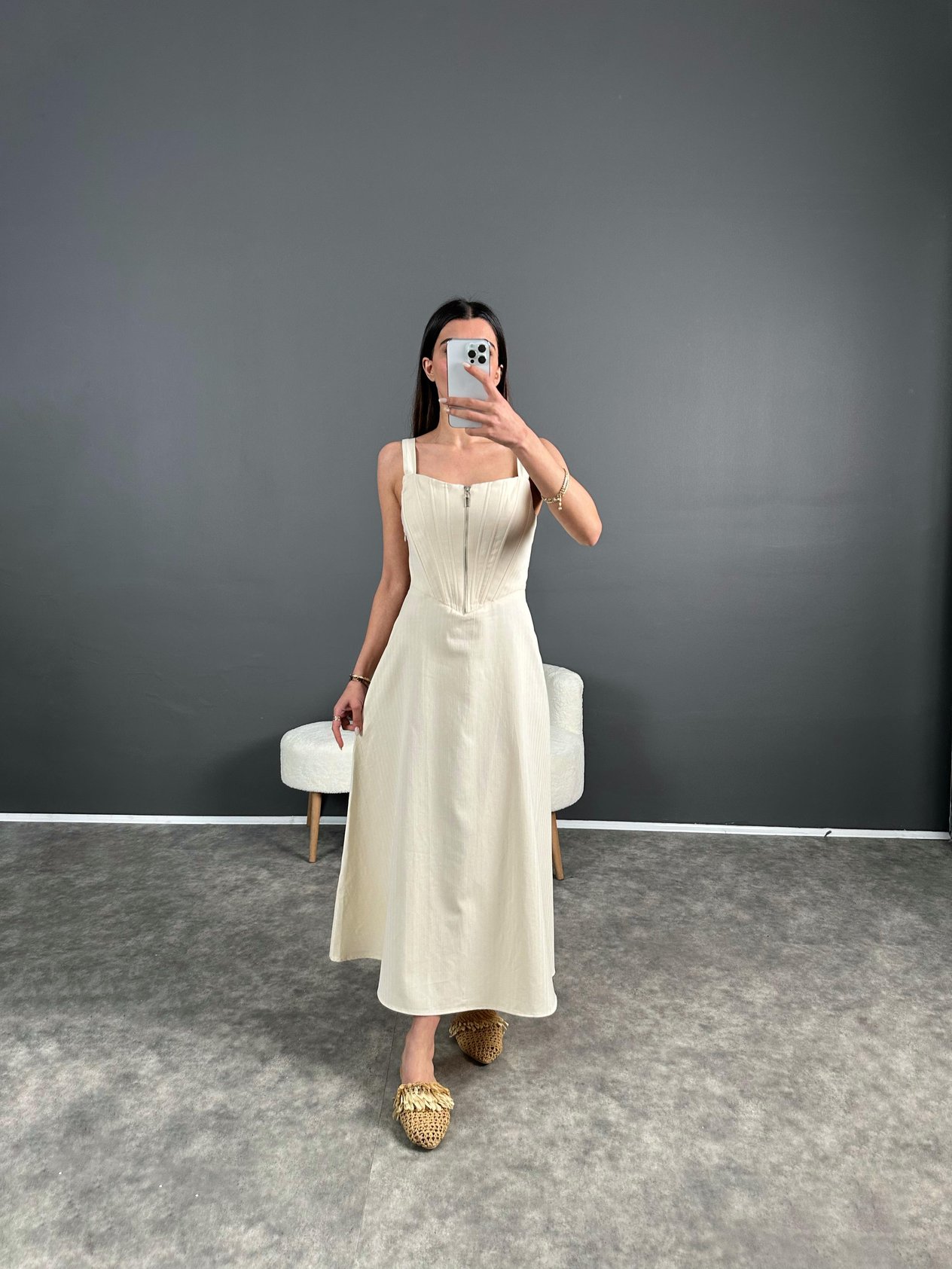 Ekru Korseli Fermuarlı Gabardin Elbise GausELBİSEGU004582