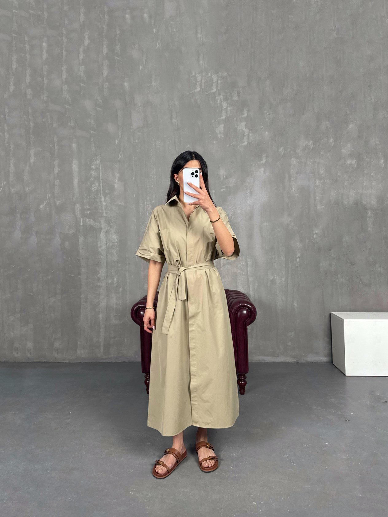 Vizon Cepli Önü Düğmeli Kuşaklı Elbise Gaus00257GausDressesGU1001597