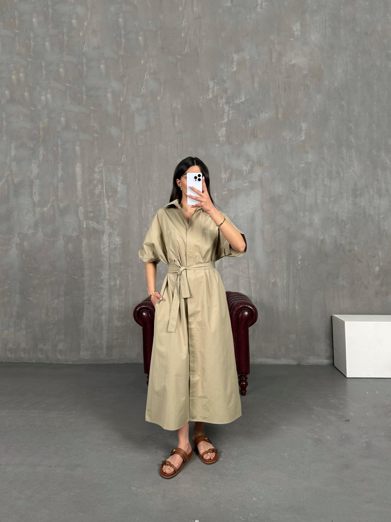 Vizon Cepli Önü Düğmeli Kuşaklı Elbise Gaus00257GausDressesGU1001597