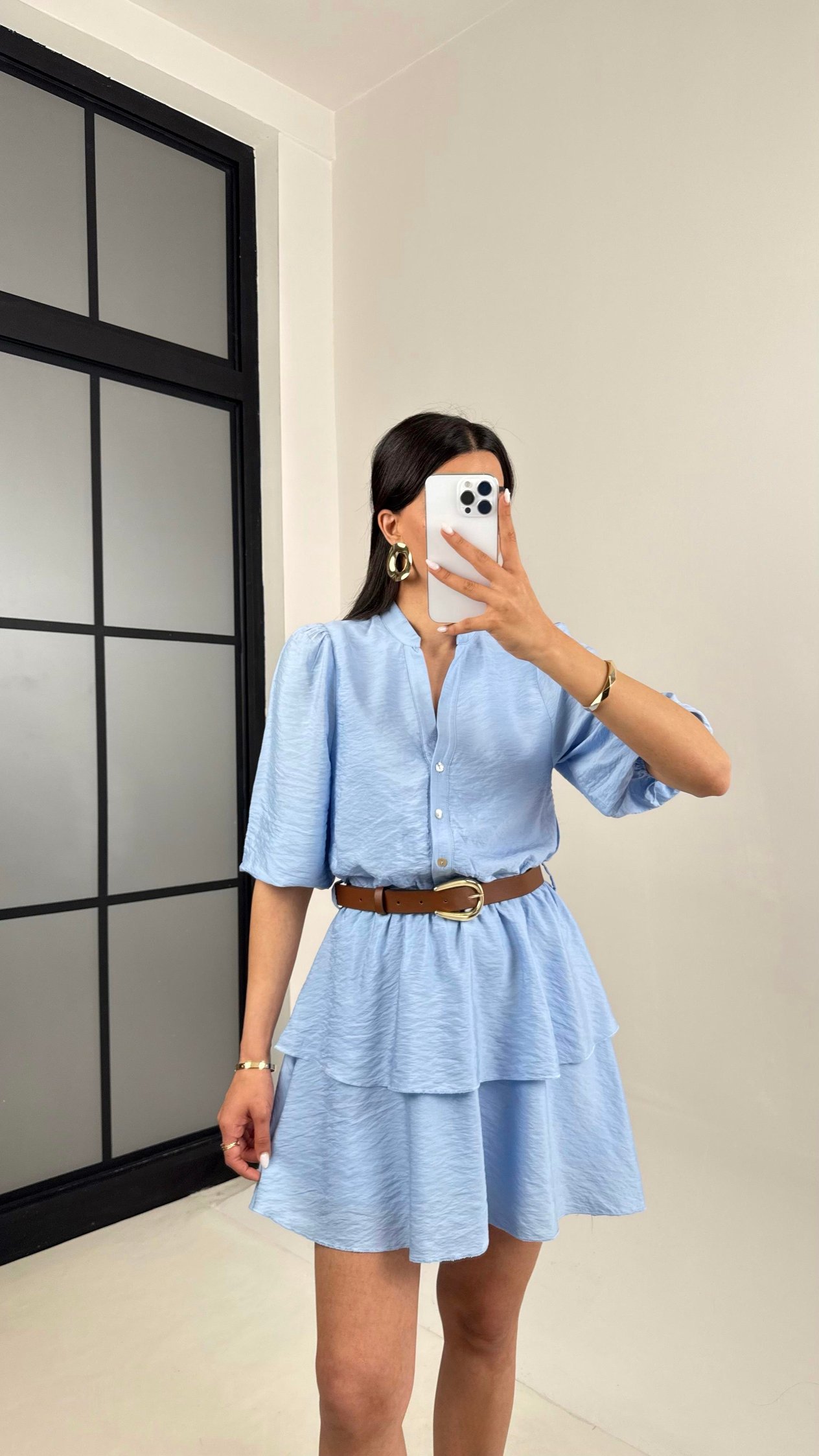 Mavi V Yaka Astarlı Kemerli Önü Düğmeli Tencel Elbise Gaus00450GausDressesGU1002050