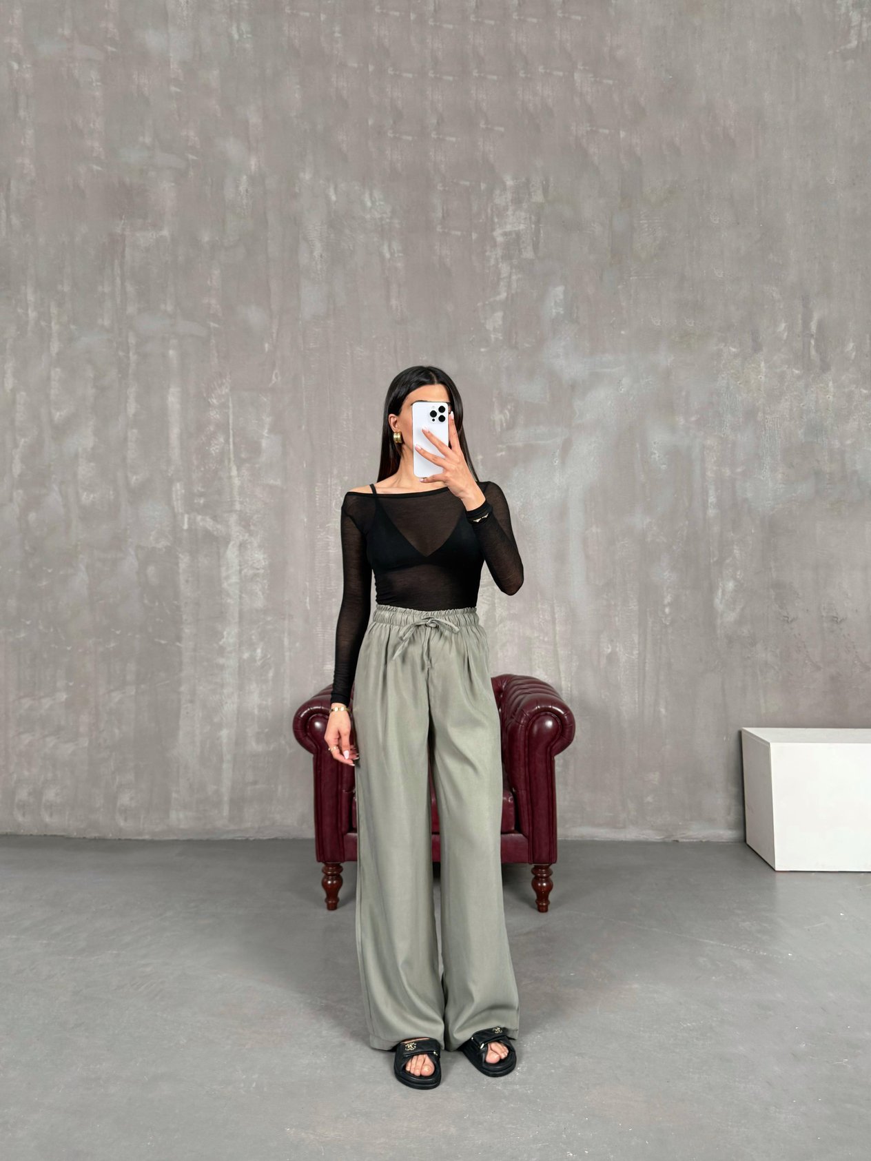 Haki Yüksek Bel İthal Kumaş Pantolon Gaus00271GausPANTOLONGU1001624