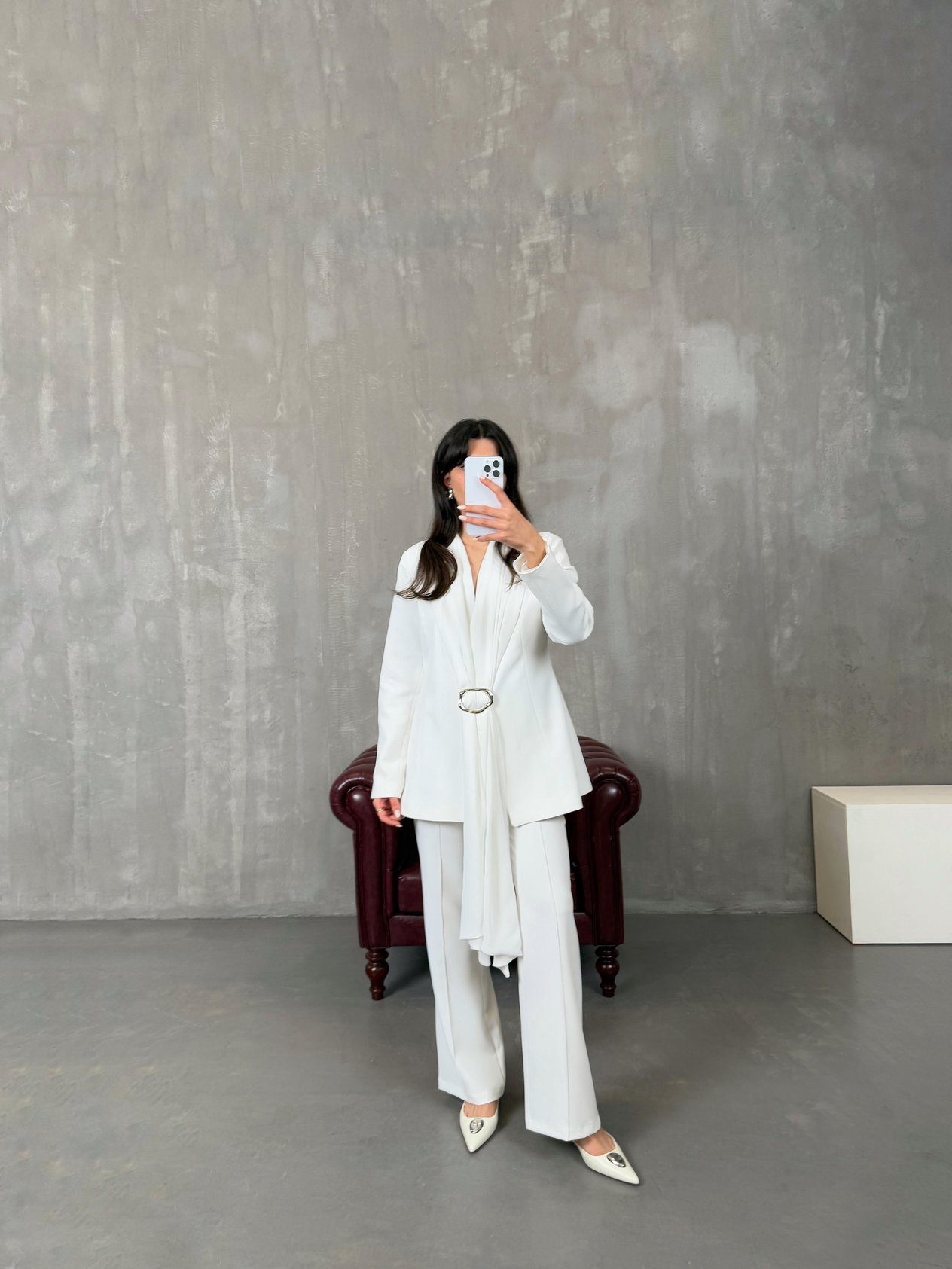 Jesica White Chiffon Shawl Detailed Lined Jacket Pants Premium Design Set